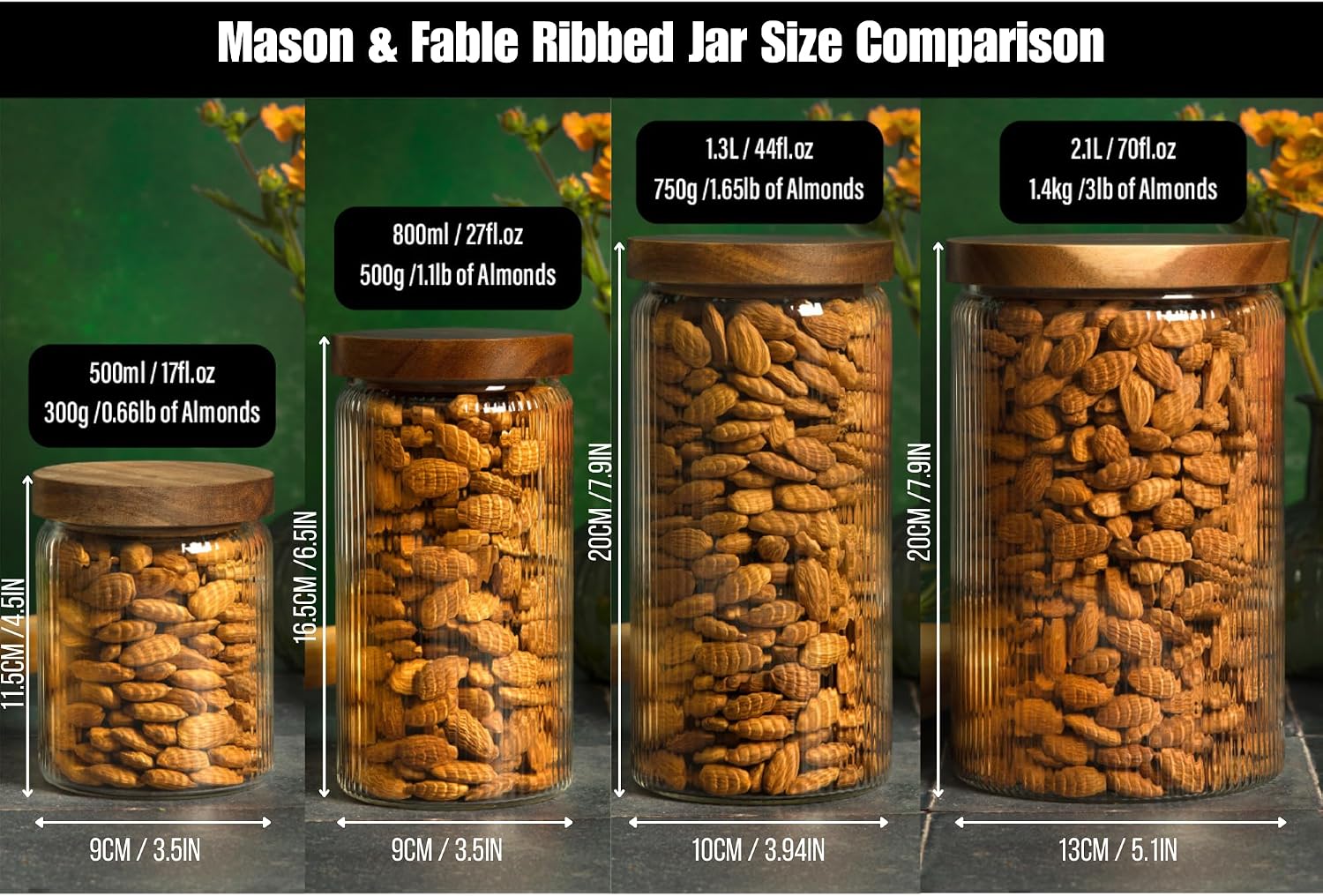 Mason & Fable Ribbed Glass Jar with Wooden Lid 70fl.oz- Set of 2 | Airtight Fluted Storage Container for Cookies, Pasta, Coffee, Dog Treats, Snacks | Organization Canisters for Home & Kitchen image 4