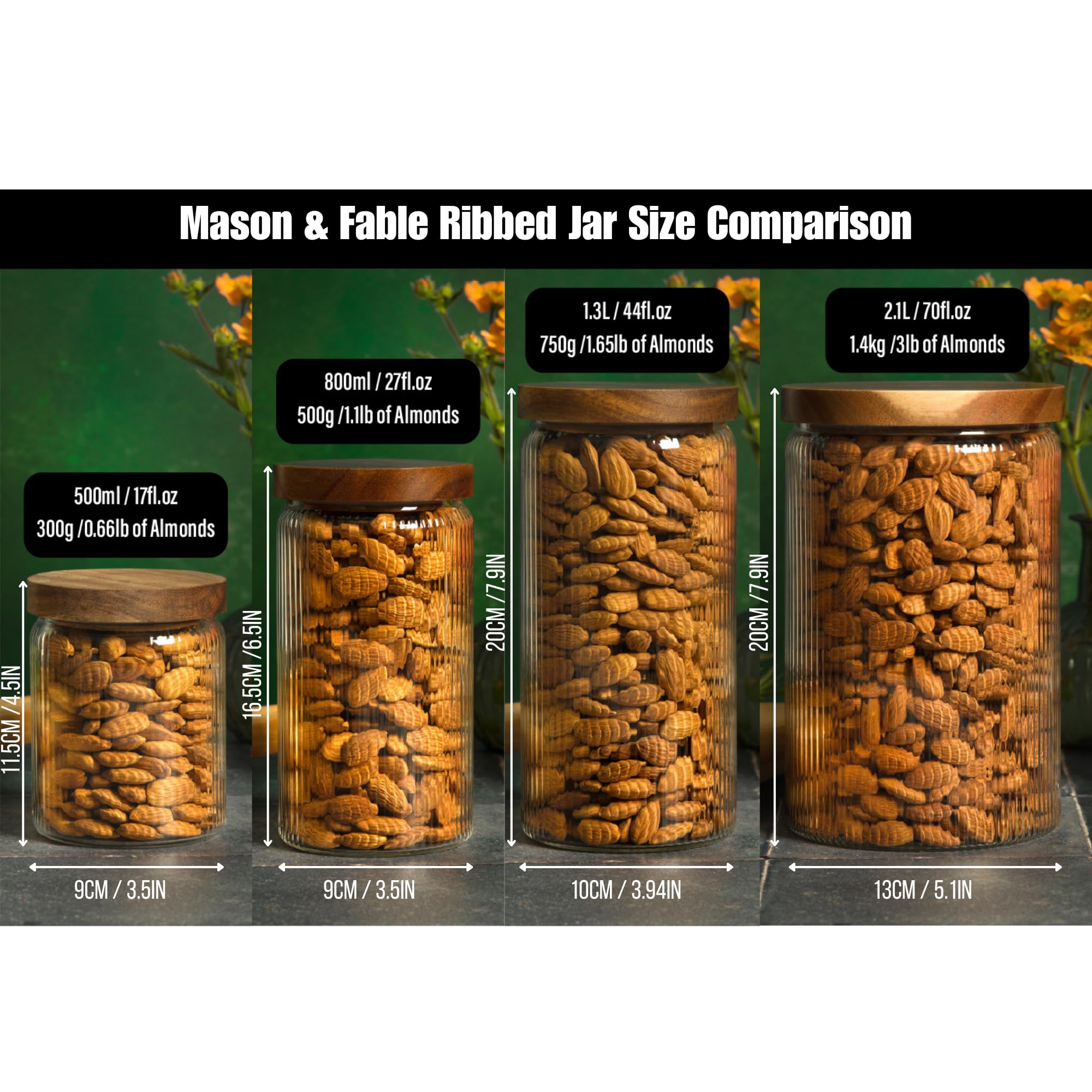 Mason & Fable Barattolo in vetro a coste con coperchio in legno, 2,1l, set da 2, contenitore ermetico scanalato per biscotti, pasta, caffè, dolcetti per cani, snack, contenitori organizzativi