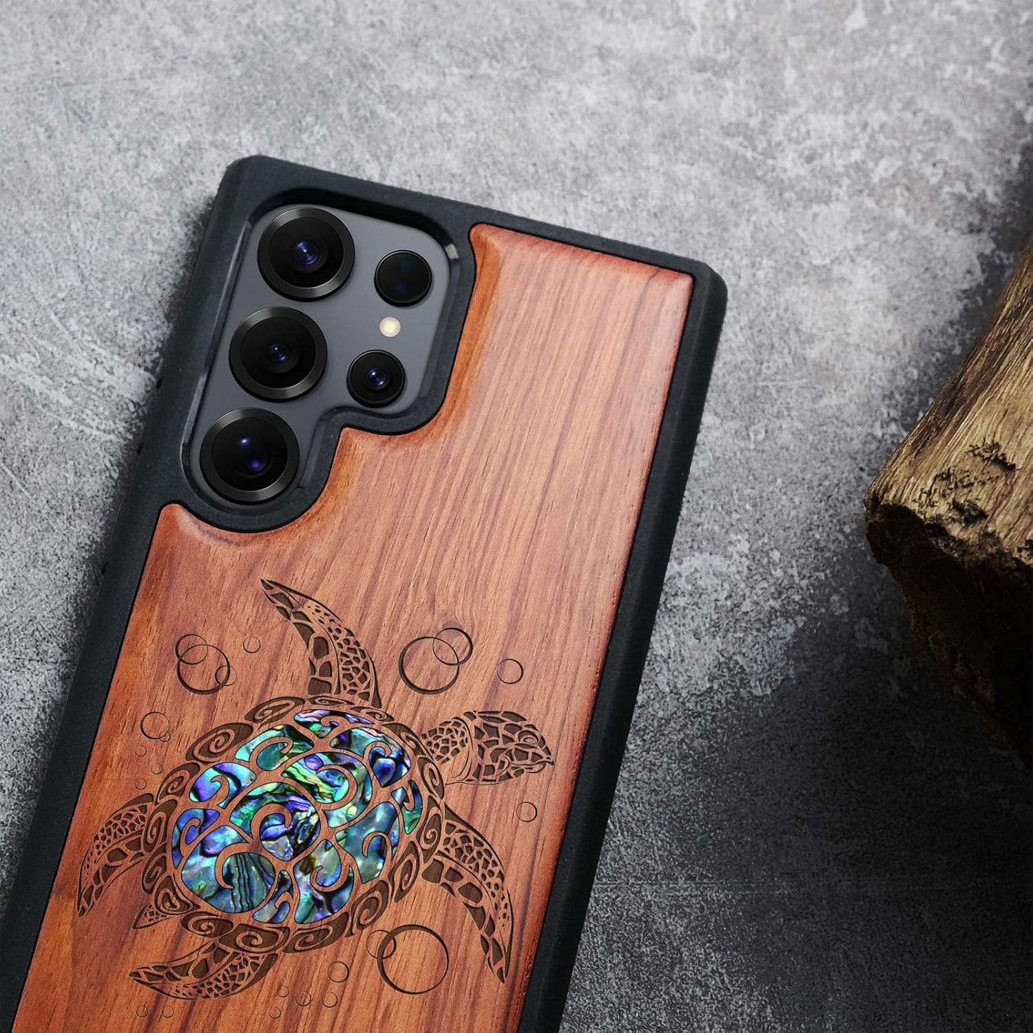 Carveit Magnetic Wooden Case for Samsung Galaxy S25 Ultra Case, Wood Artisan Engraved & Handmade Shell Inlaid, Compatible with MagSafe Wireless Chargers (Sea Turtle) Rosy