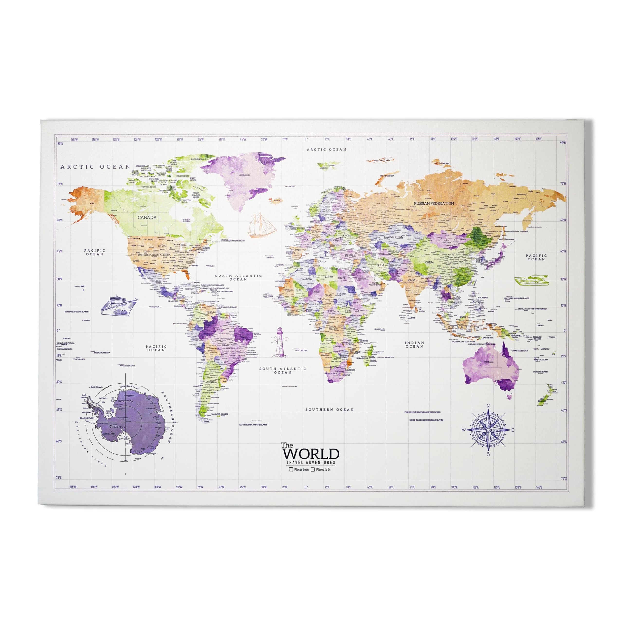 Colorfull Worlds Mapa del mundo en lienzo – Mapa de viaje vintage con pines – Tablero de pines de mapa del mundo para pared – Arte decorativo en lienzo para el hogar, la oficina o el estudio – Listo