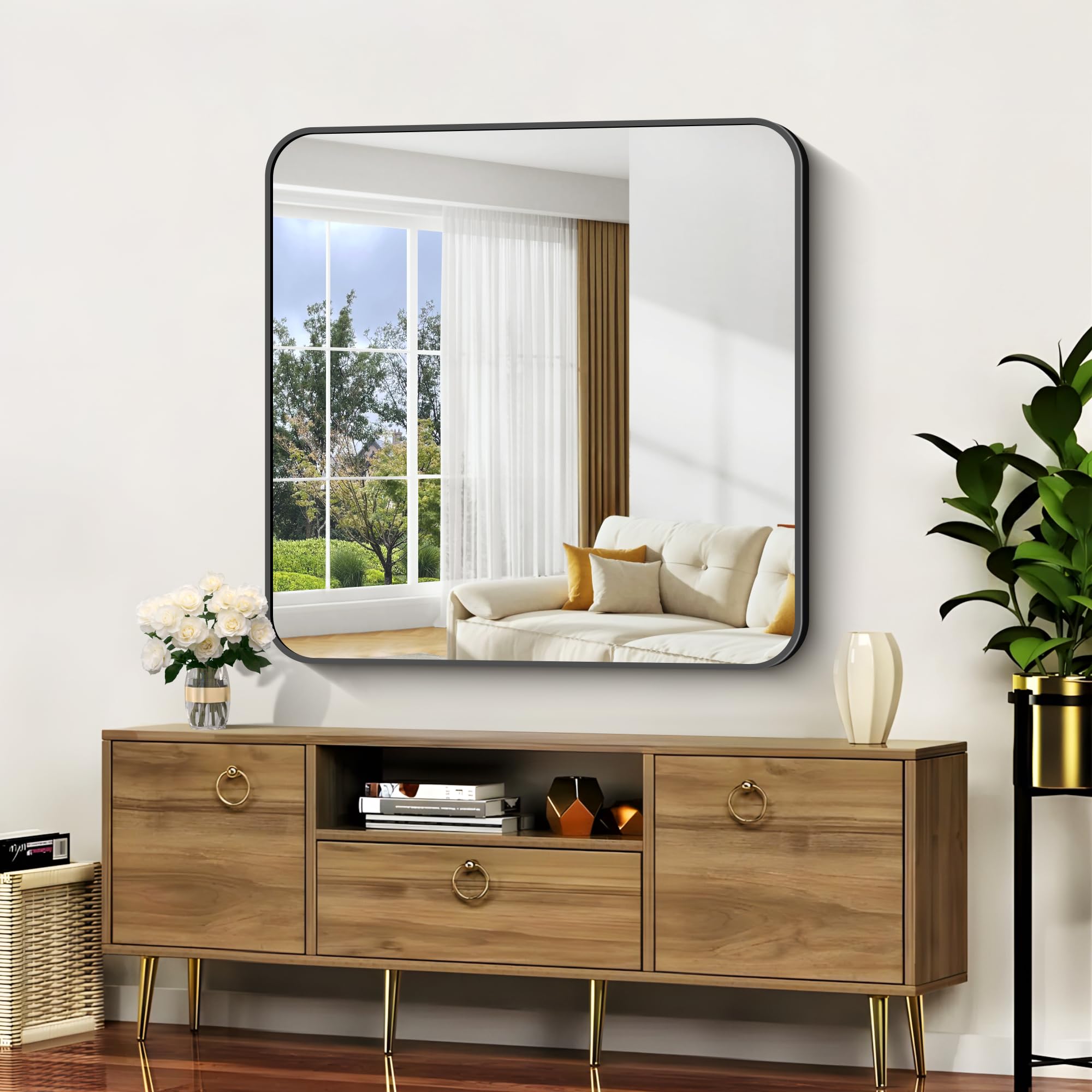 Bathroom Mirror 39x39 inch, Black Square Mirror with Metal Frame, Large ...