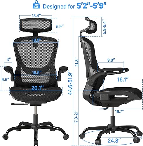 Miniatura 2 de GABRYLLY Silla ergonómica de malla para oficina, silla de escritorio con respaldo alto y brazos abatibles ajustables y soporte lumbar, silla