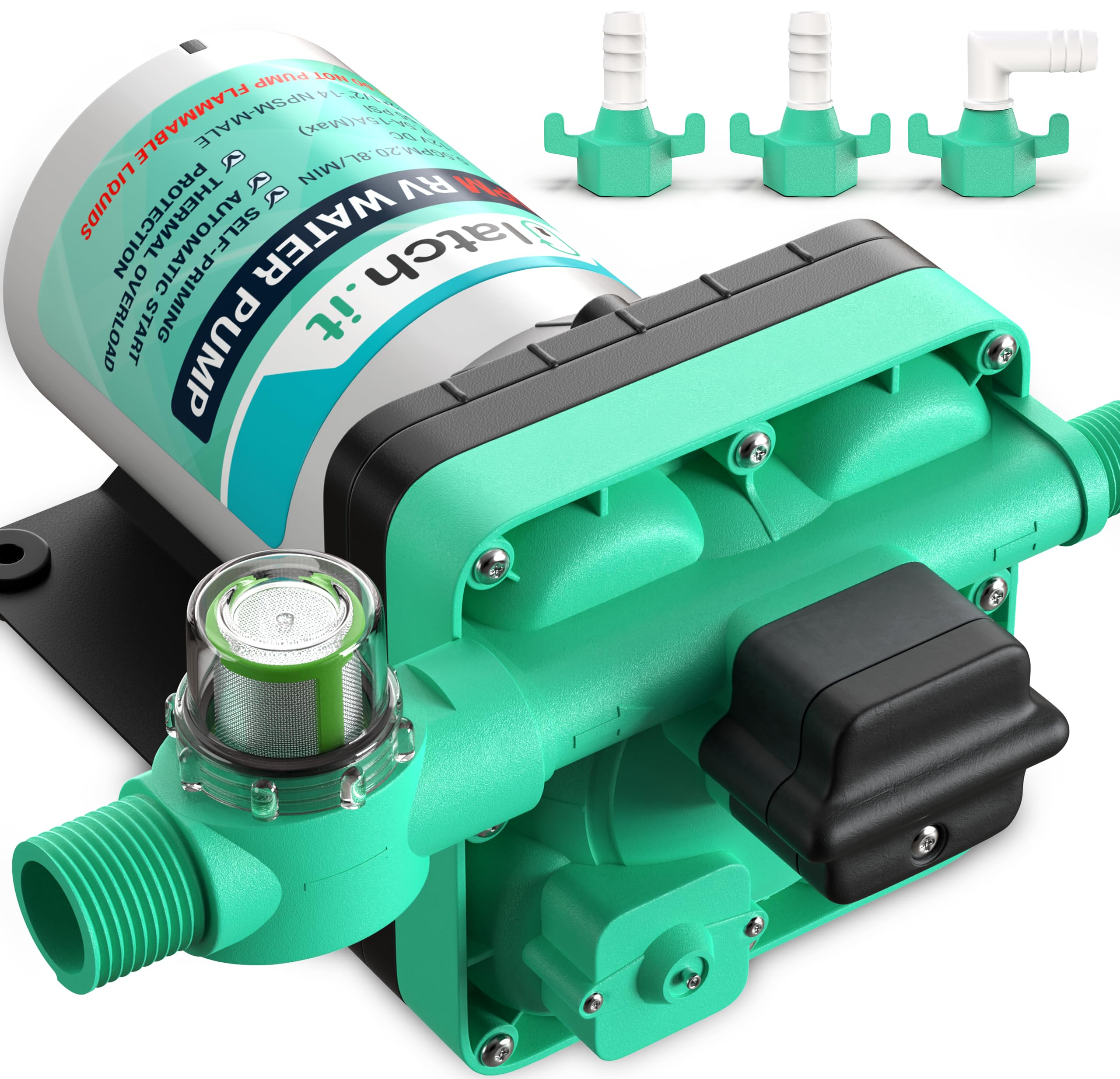 LATCH.IT RV Water Pump 12V | 3.5 GPM 50 PSI Camper Water Pump | 7A 12V Water Pump | Self Priming 12Volt Water Pump | Quiet Operation 12 Volt Water pump RV w/Filter & Fittings Included!