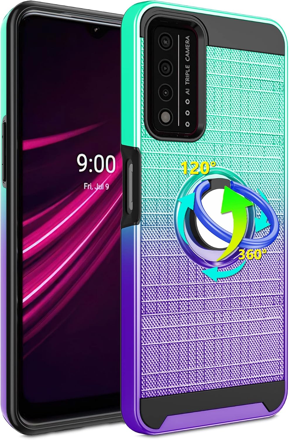 T-Mobile Revvl V Plus 5G Case with HD Screen Protector, Atump 360° Rotation Ring Kickstand PC + TPU Dual Layer Shock Absorption Protective Case for T-Mobile Revvl V Plus 5G,Mint Purple
