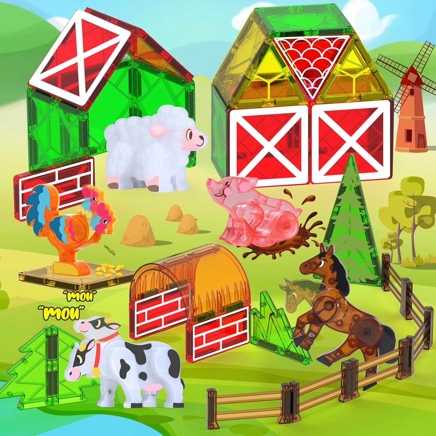 Oriate Farm Animals Magnetic Tiles, Movable Joint Farming Animals Magnetic Building Blocks Magnet Tiles Set, Educational Construction Travel Toy