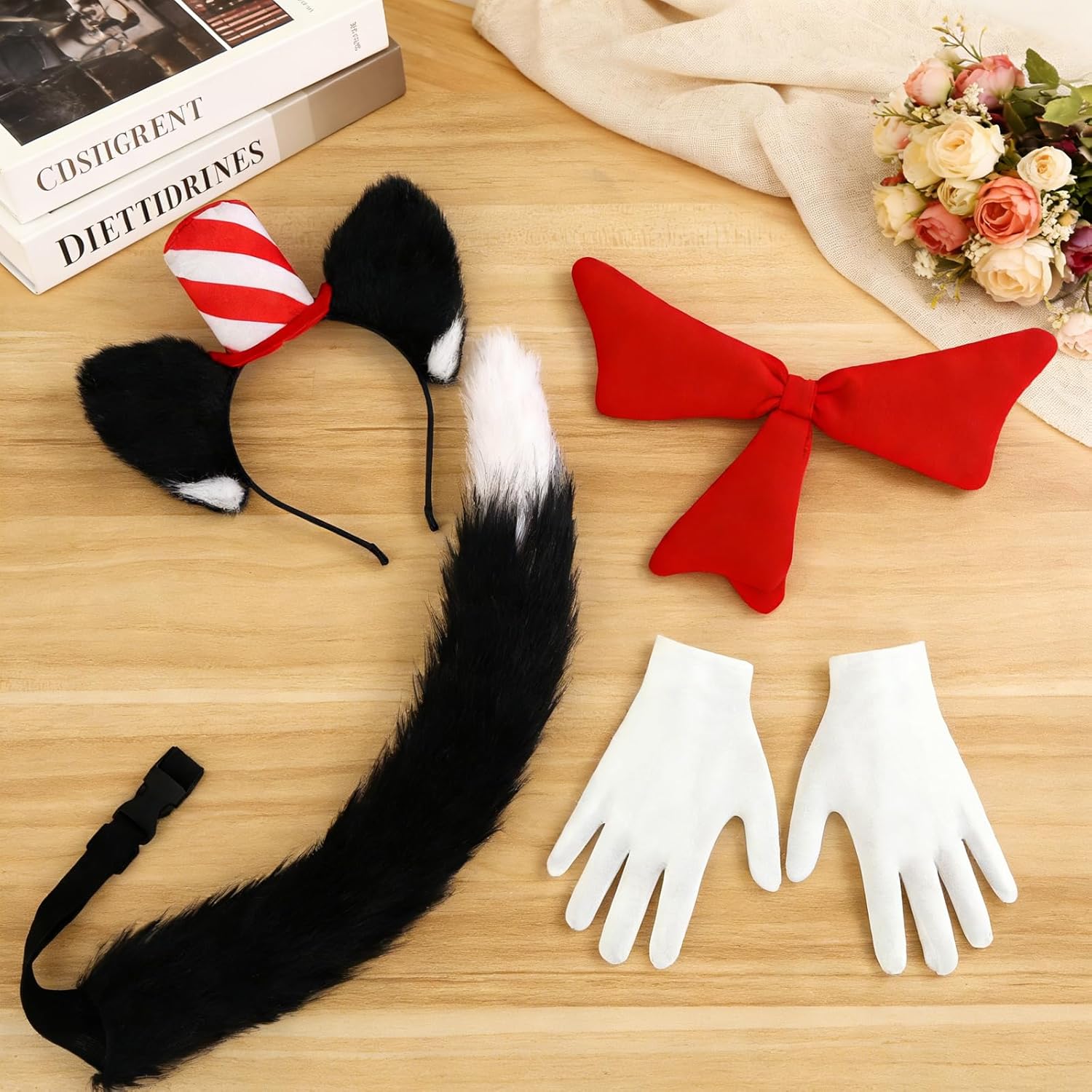 5PCS Halloween Cat Costume, Fluffy Cat Headband Tail Bowtie Gloves for 100th Day of School or World Book Week Kitty Cosplay - Image 6