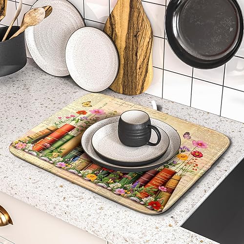 Miniatura 5 de Giwawa Tapete de secado de platos con flores florales, absorbente, hojas verdes, tapete escurridor de platos de microfibra azul marino, almohadilla