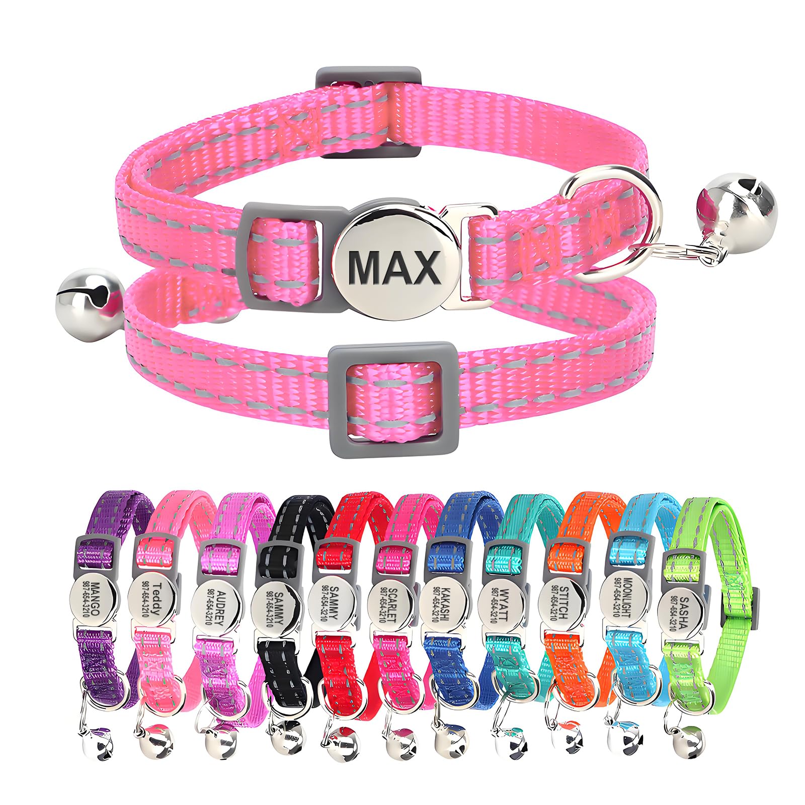 Personalized Engraved Cat Collar|Breakaway Safety Round Buckle|Reflective Adjustable Collar with ID Name Tag & Bell for Kittens & Puppies Cats (7.5'' - 12''),Pink