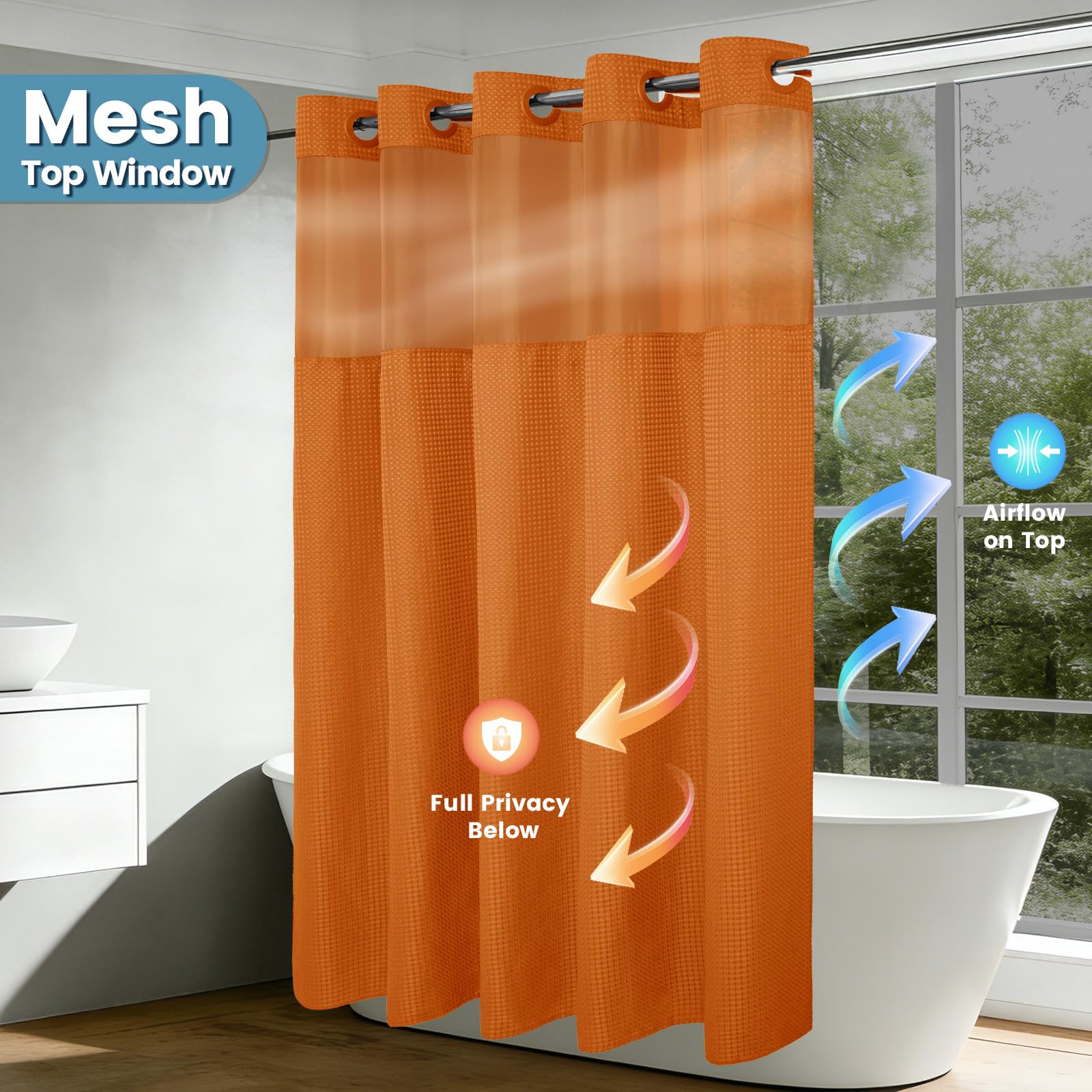 EUTXL Rideau de Douche sans Crochet avec Doublure à Clipser – 230 g/m² – Rideau de Douche à Tissage gaufré pour Salle de Bain – Orange brûlé – 180 x 188 cm (l x H)