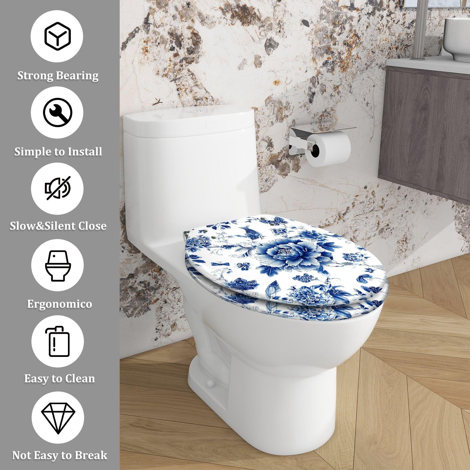 Asiento de inodoro alargado de resina blanca con cierre suave para baño.