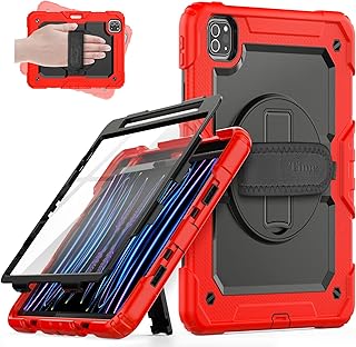 Timecity iPad Pro 11 Inch Case 2022/2021/2020/2018, Shockproof Protective Case with Screen Protector, 360° Rotating Stand, Hand/Shoulder Strap for iPad Pro 11 Case 4th/3rd/2nd/1st Generation, Red