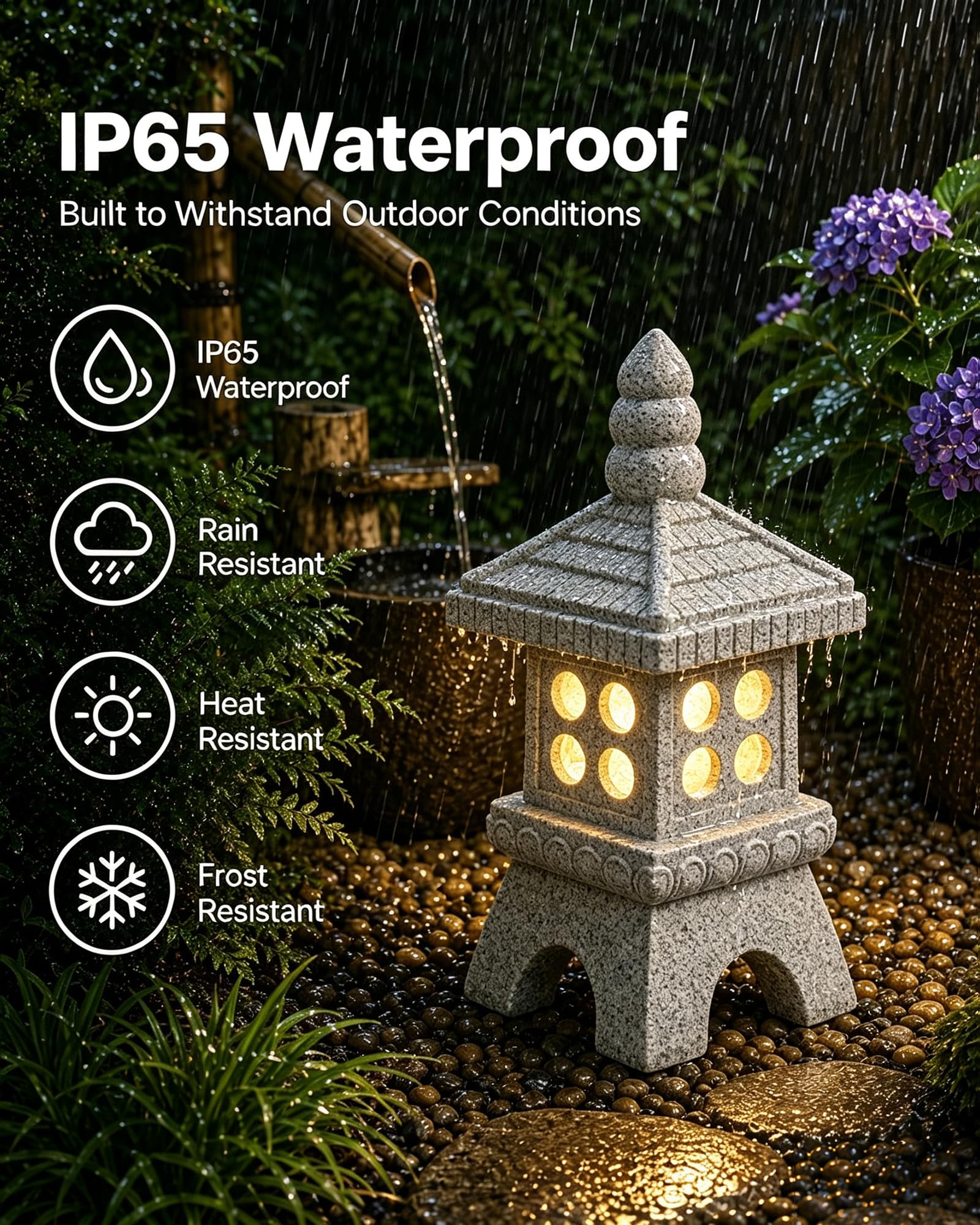 Yeomoo Pagoda solar con iluminación LED decorativa grande – piedra zen decoración de jardín de resina para jardín, terraza e interior – resistente a la intemperie, figura de jardín zen regalos para