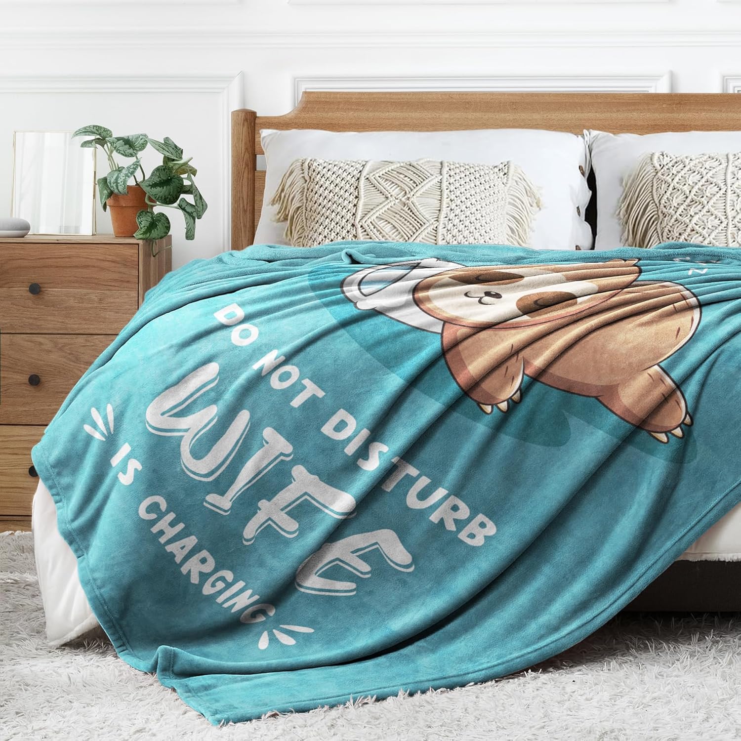 Funny Gifts for Wife, Anniversary Wedding Gifts for Wife, Wifey is Charging Sloth Blanket, Birthday Gift for Wifey from Husband, Gift for Her Christmas 60" x 50", Cyan - Image 5