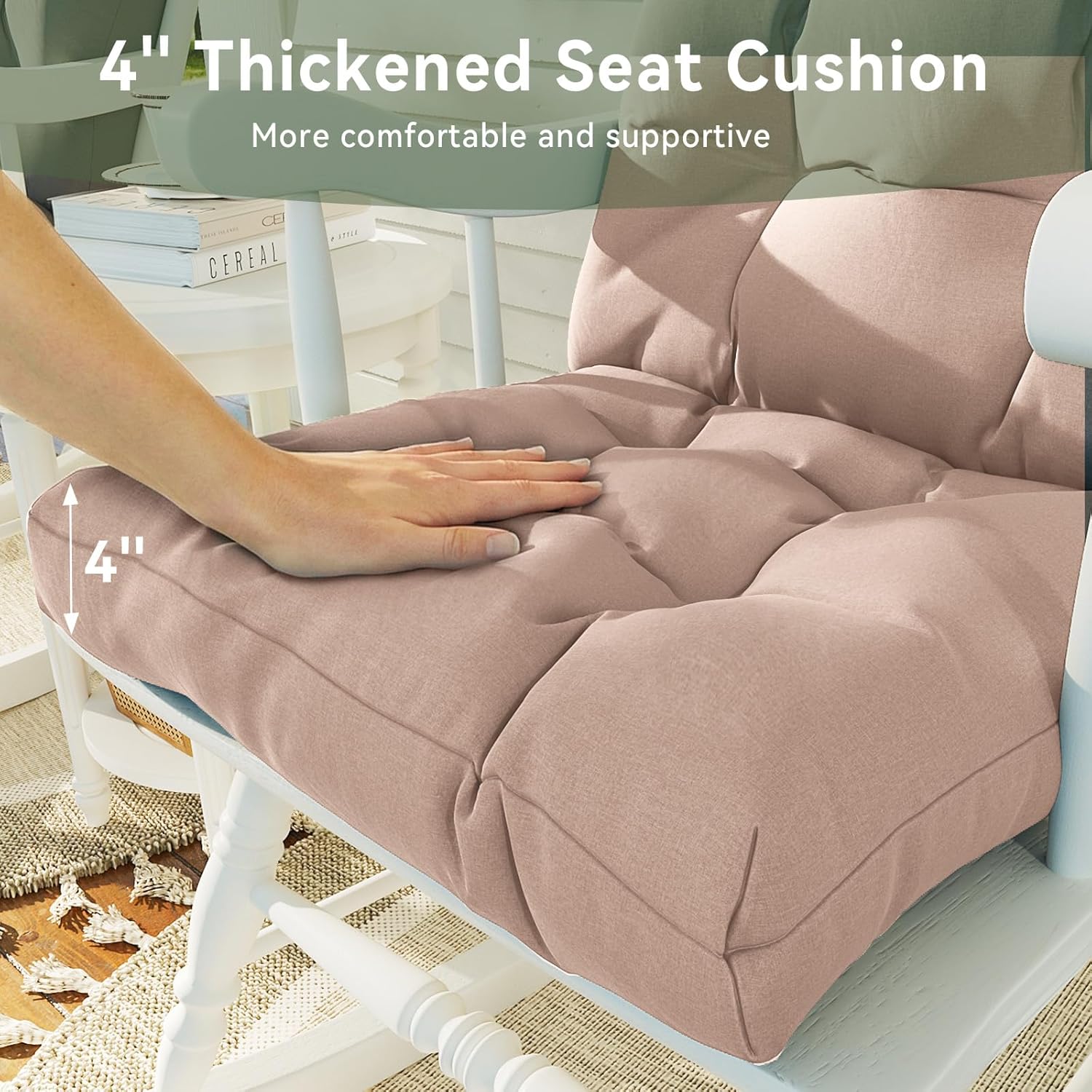 Aoxun Adirondack Chair Cushion, Indoor/Outdoor Rocking Chair Cushion with Ties, Thickened High Back Patio Chair Cushions with High Elasticity PP Cotton Water-Resistant, 2-Pack, Beige