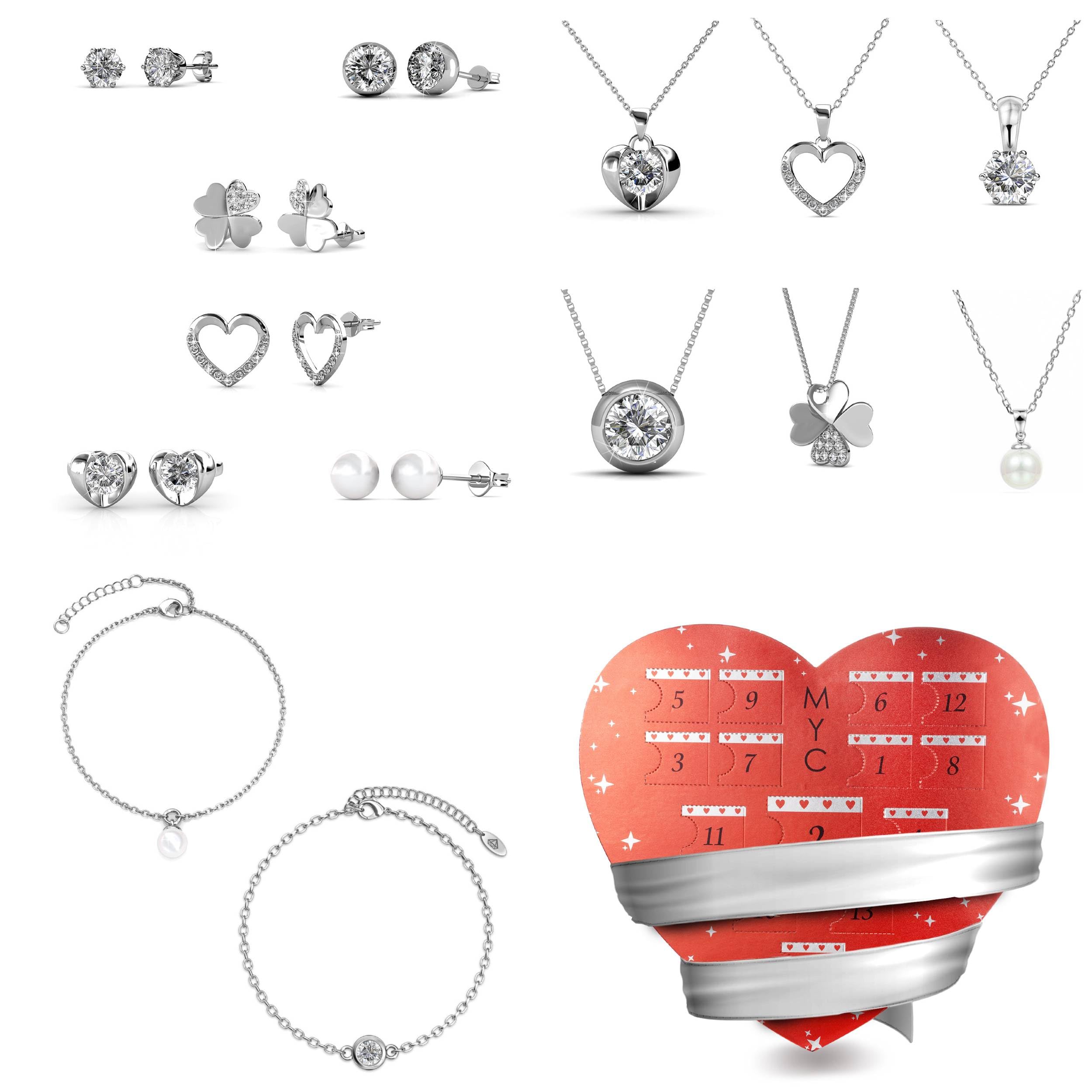 Adventskalender Herz 14 Schmuck rhodiniert Messing mit österreichischen Kristallen - Geschenk zum Geburtstag, Muttertag, Weihnachten, silber