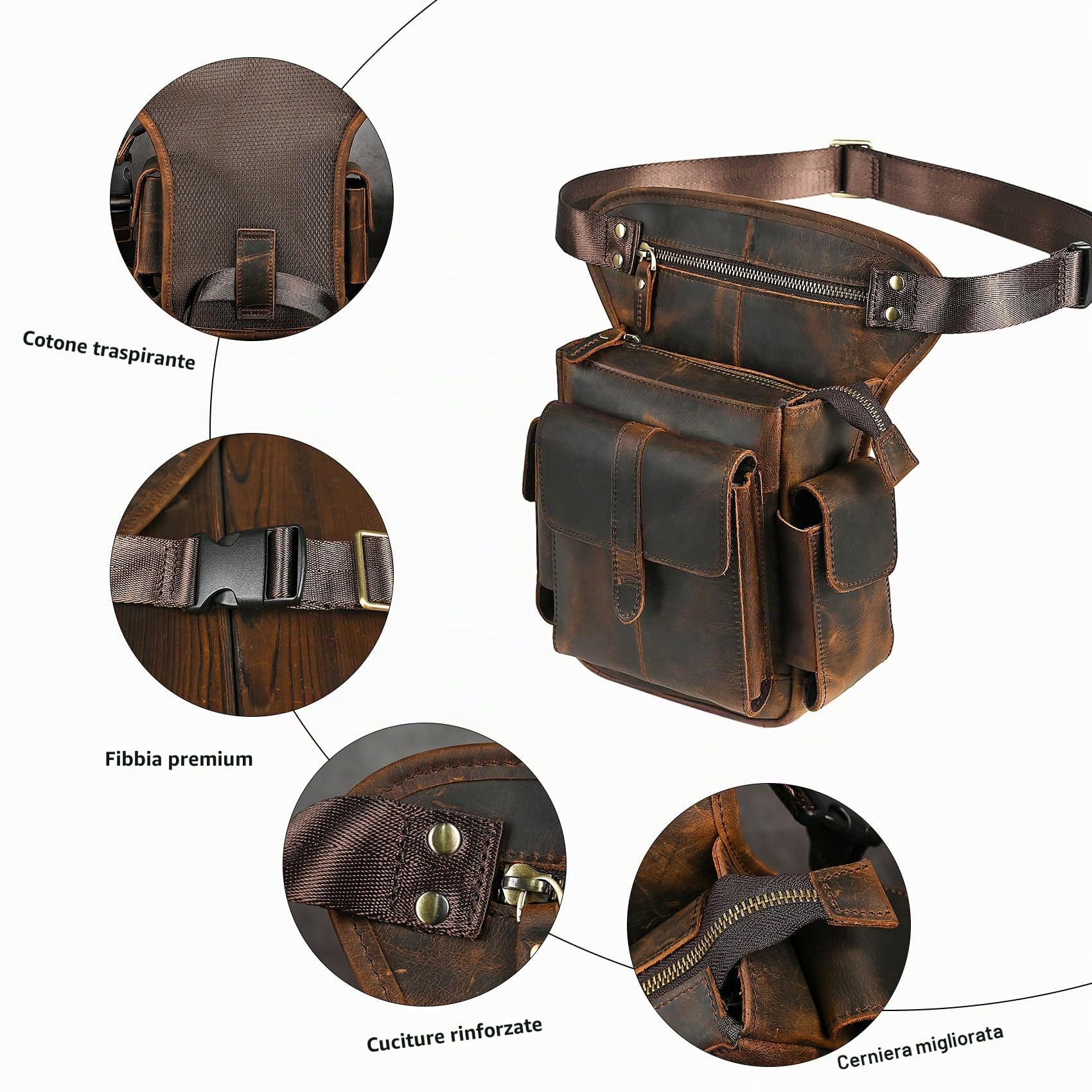 Tela Resistente All'acqua + Vera Pelle Moto Equitazione Travel Coscia Borsa per Gambe Marsupio in Vita Per Gli Uomini Donne 913-5