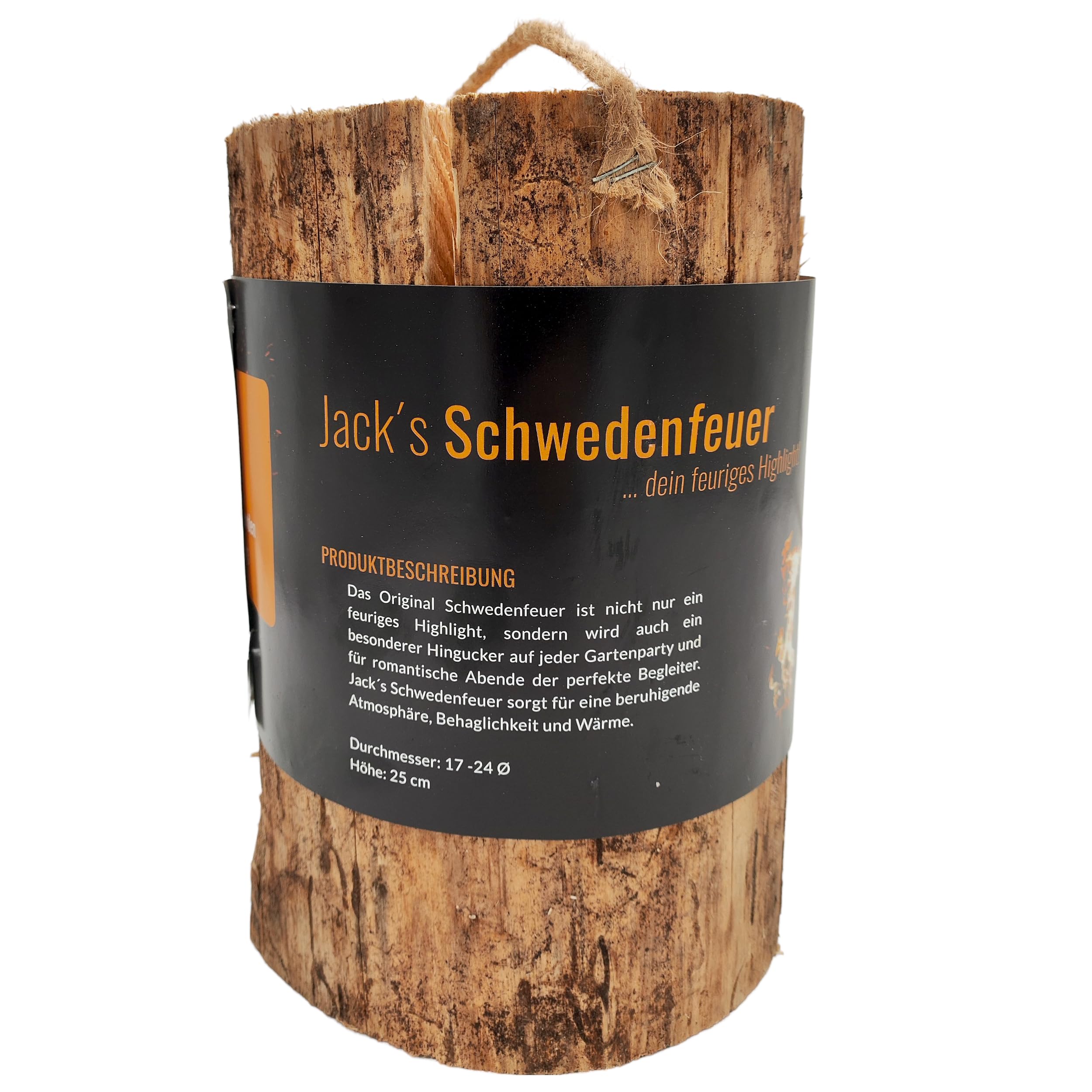 Schwedenfeuer 6 Stück Baumfackel 25 cm Gartenfackel Naturholz Lagerfeuer | Jack's, Ø17–24 cm, bis 2 Stunden Brenndauer, Lagerfeuer, Terrassenfeuer, Gartenparty, Naturprodukt, stimmungsvolle Atmosphäre