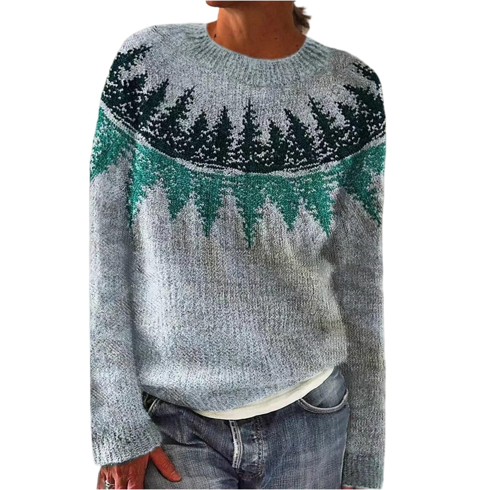 Fair Isle Sweater Women Trendy Tunic Knit Sweaters Retro Cute Fall Sweaters Casual Y2k Crew Neck Striped Sweater