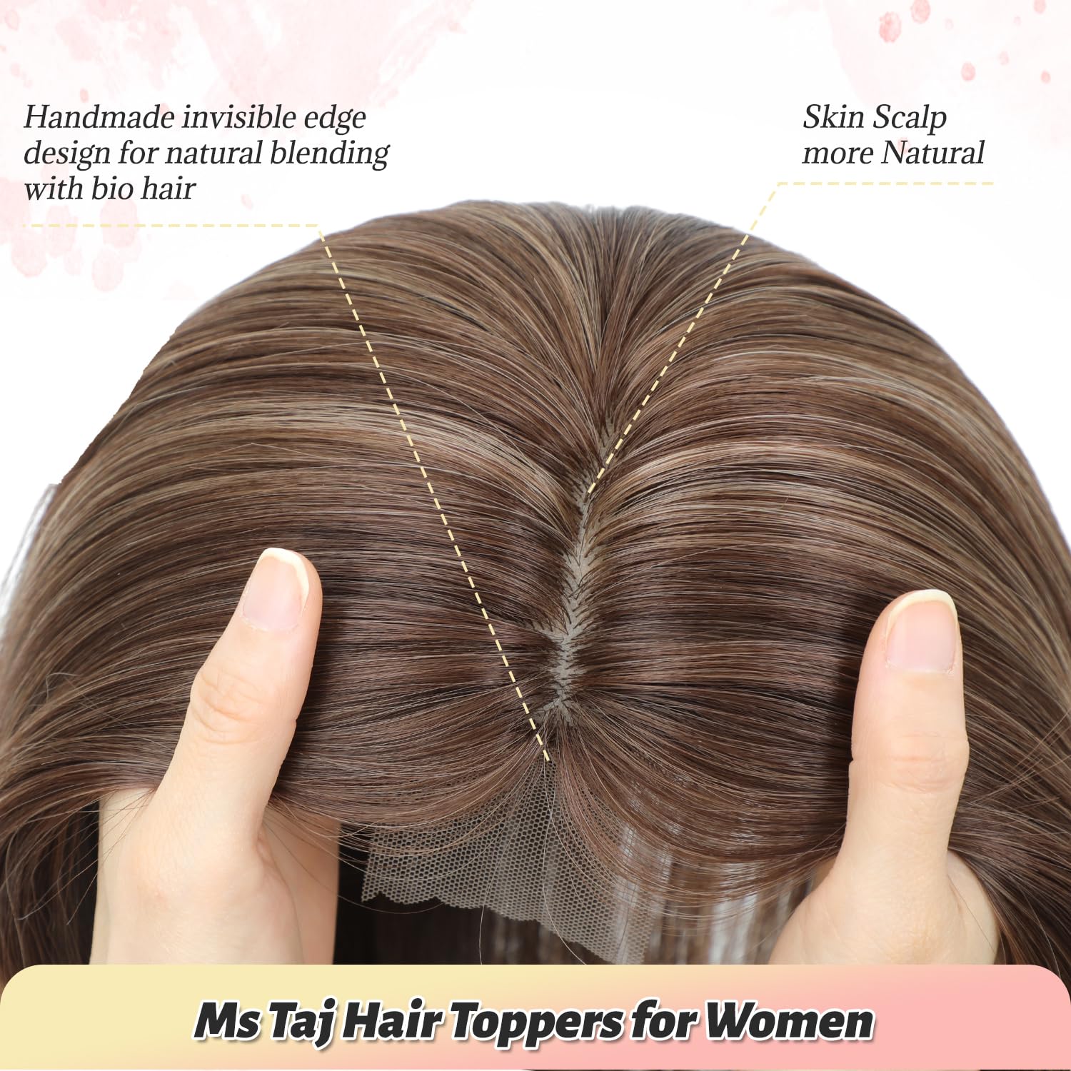 Ms Taj 12 Inch Hair Topper for Women with Thinning Hair, 6.5x6.5 Large Base Synthetic Hair Topper with Bangs, Ladies-Dark Golden Brown with Highlights