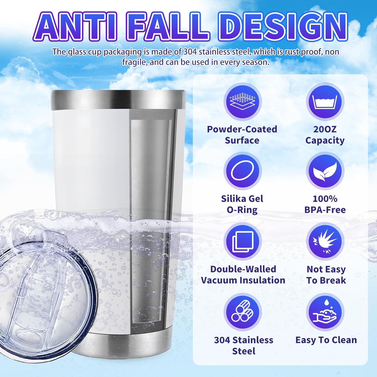 36 Pack, 20oz Stainless Steel Bulk Tumblers with Lids and Straws, Leakproof Double Wall Travel Mug for Hot/Cold Drinks, Home Office Outdoor Party Use, Durable Powder Coated Insulated Cup/White - Image 6