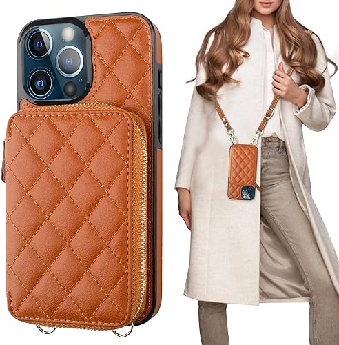 Bocasal Funda tipo cartera cruzada para iPhone 13 Pro Max, con bloqueo RFID, de piel sintética, con cremallera, funda tipo cartera con función atril