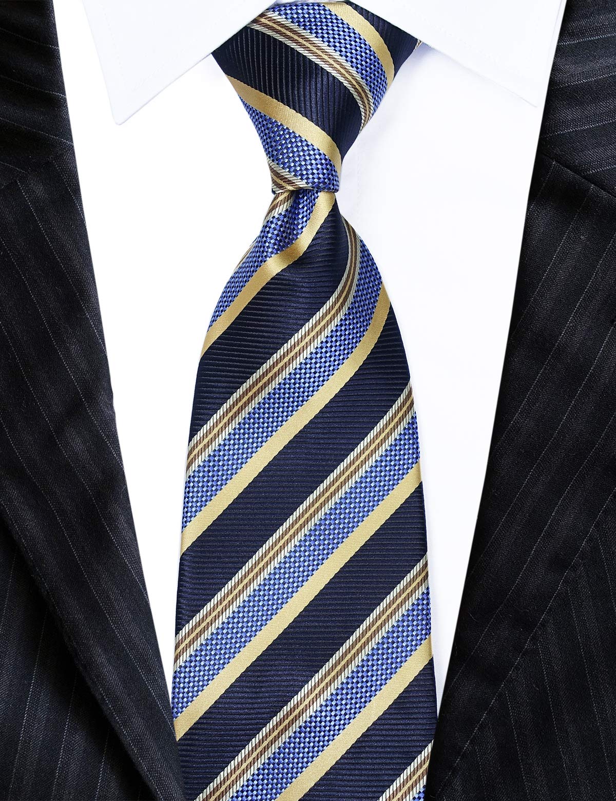 Corbata extra larga de 63 pulgadas de rayas Jacquard XL para hombre, Azul y dorado. 3