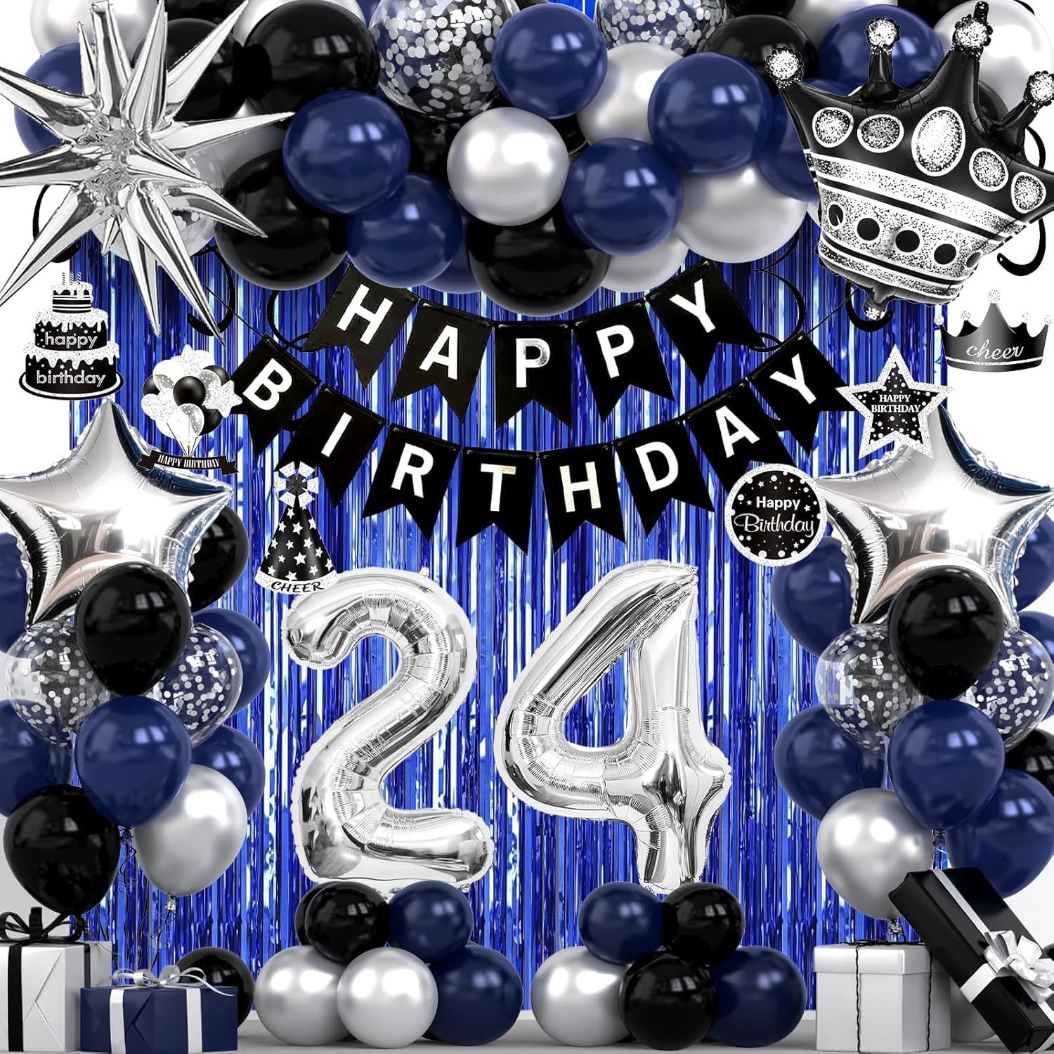 24th Birthday Decorations for Men and Women, Black Blue Silver Happy Birthday Number 24 Balloons, Banner, Fringe Curtains Garland Kit - 24 Year Old Party Supplies