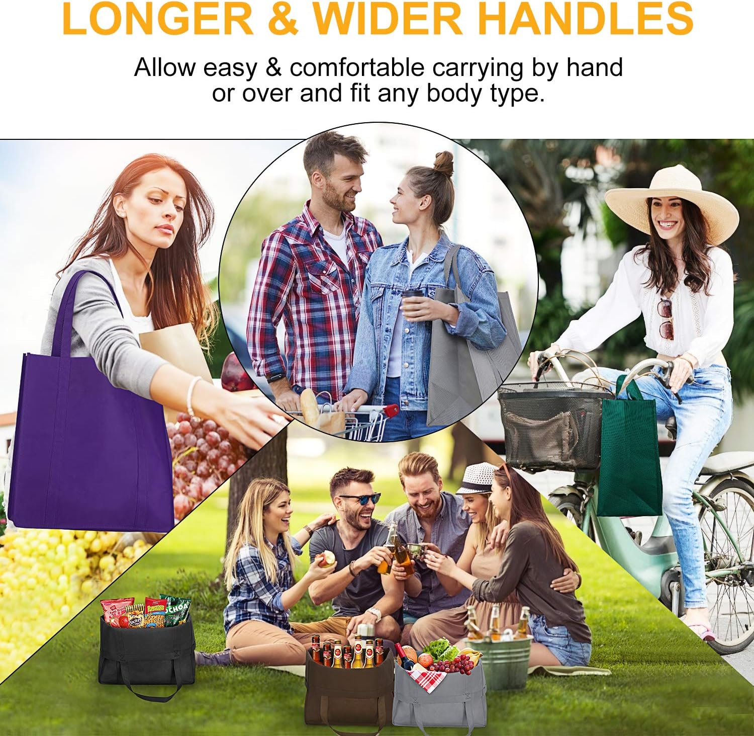 WISELIFE Reusable Grocery Bags 12 Pack, Large Foldable Shopping Bags Tote Bags,Eco-Friendly Produce Bags with Long Handle for Shopping Groceries Clothes (6 Assorted Colors ) -