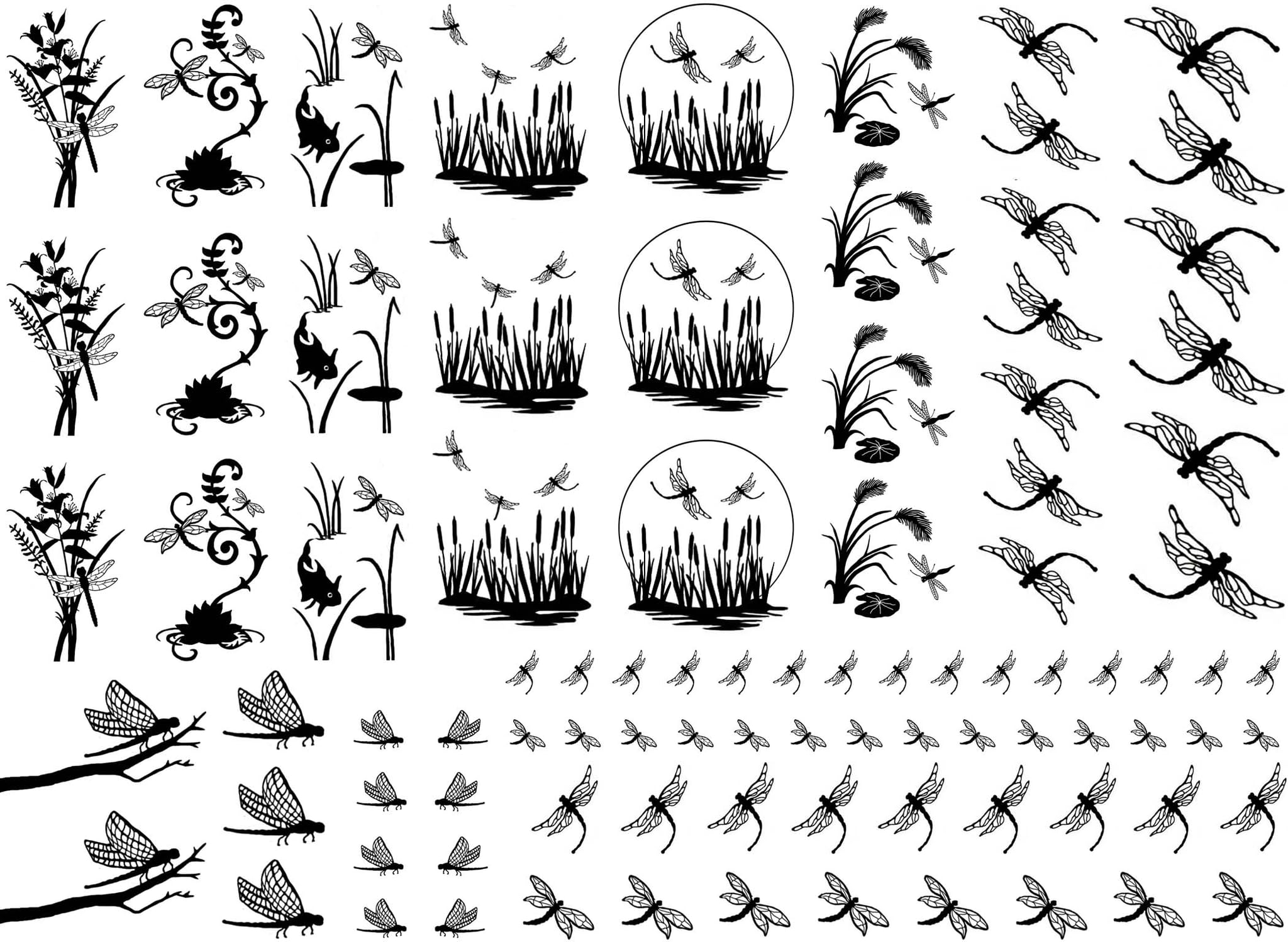 Dragonfly Scenes 92 pcs 0.25 to 1.25 Inch Black Fused Glass Decals