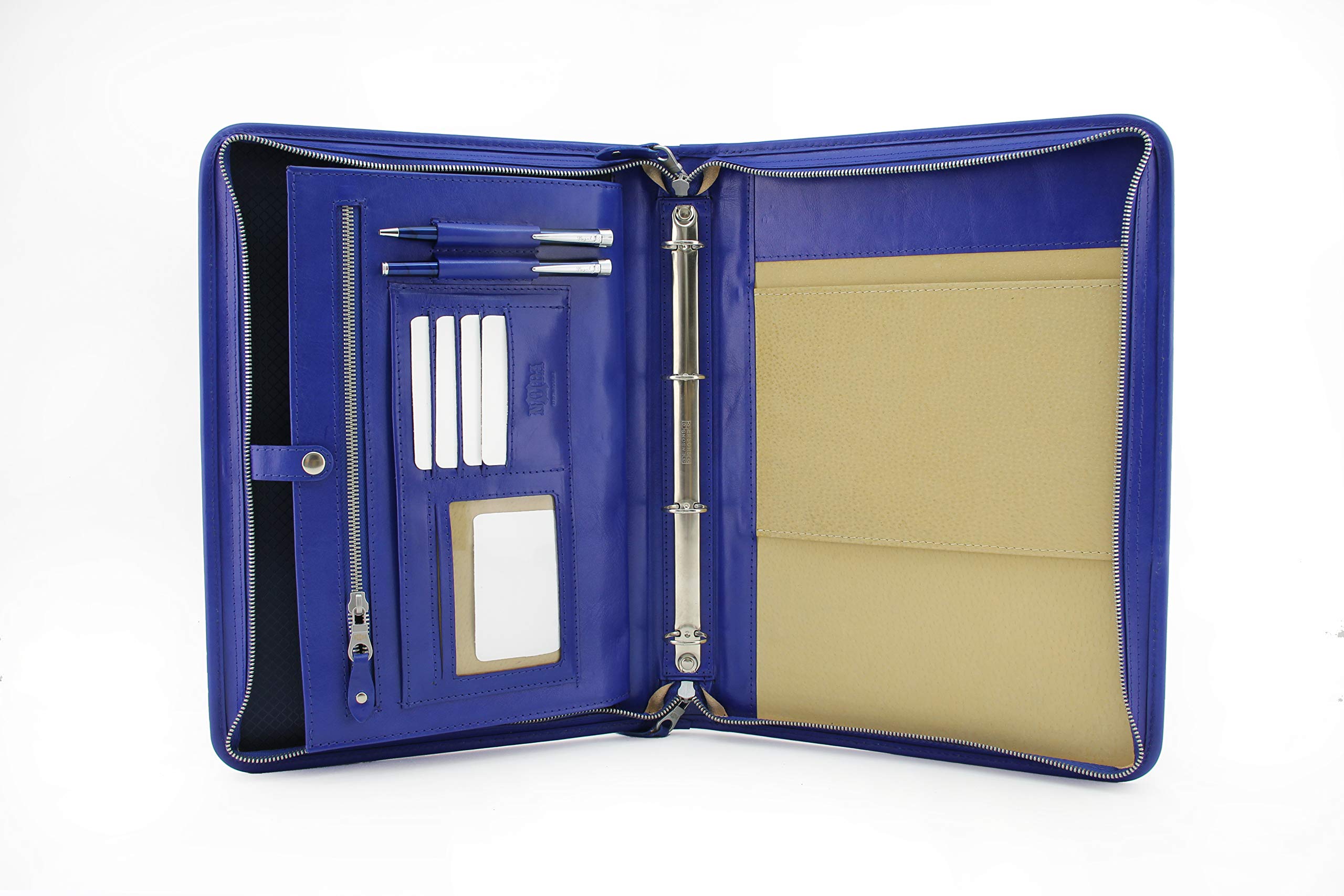 Skórzany organizer teczka na dokumenty a4 skórzany uchwyt na portfel, etui na tablet, skórzany segregator, 4-pierścieniowy segregator (niebieski)