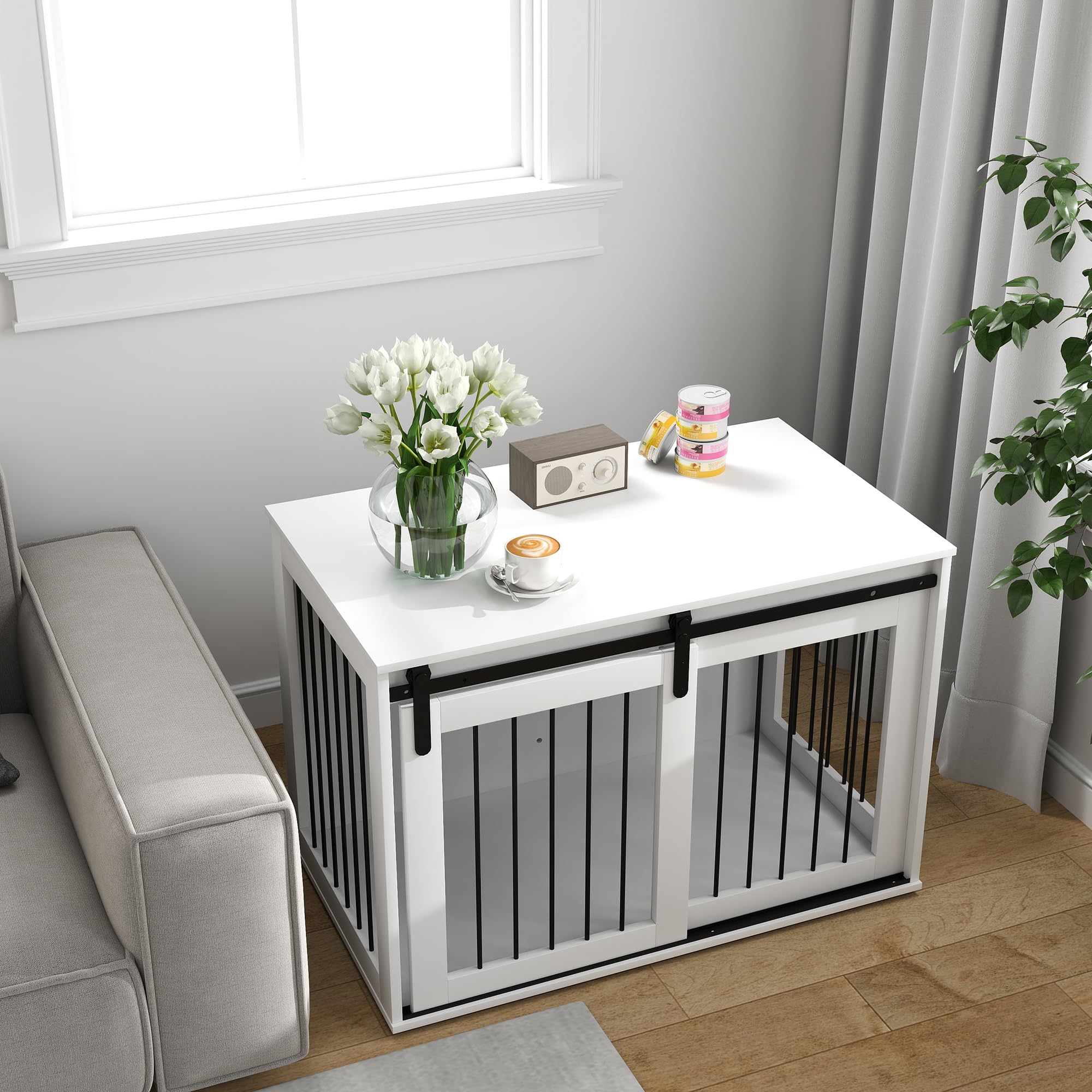 PawHut Hundekäfig Abschließbar XXL 98 cm für Große Hunde Weiß | Hundebox Schiebetüren, Moderne Metall Indoor Hundehütte, 98 x 58 x 61 cm
