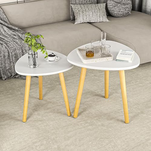 Miniatura 7 de Juego de 2 mesas semianidables modernas con patas de madera, mesa auxiliar triangular para sala de estar, dormitorio, apartamento y espacios
