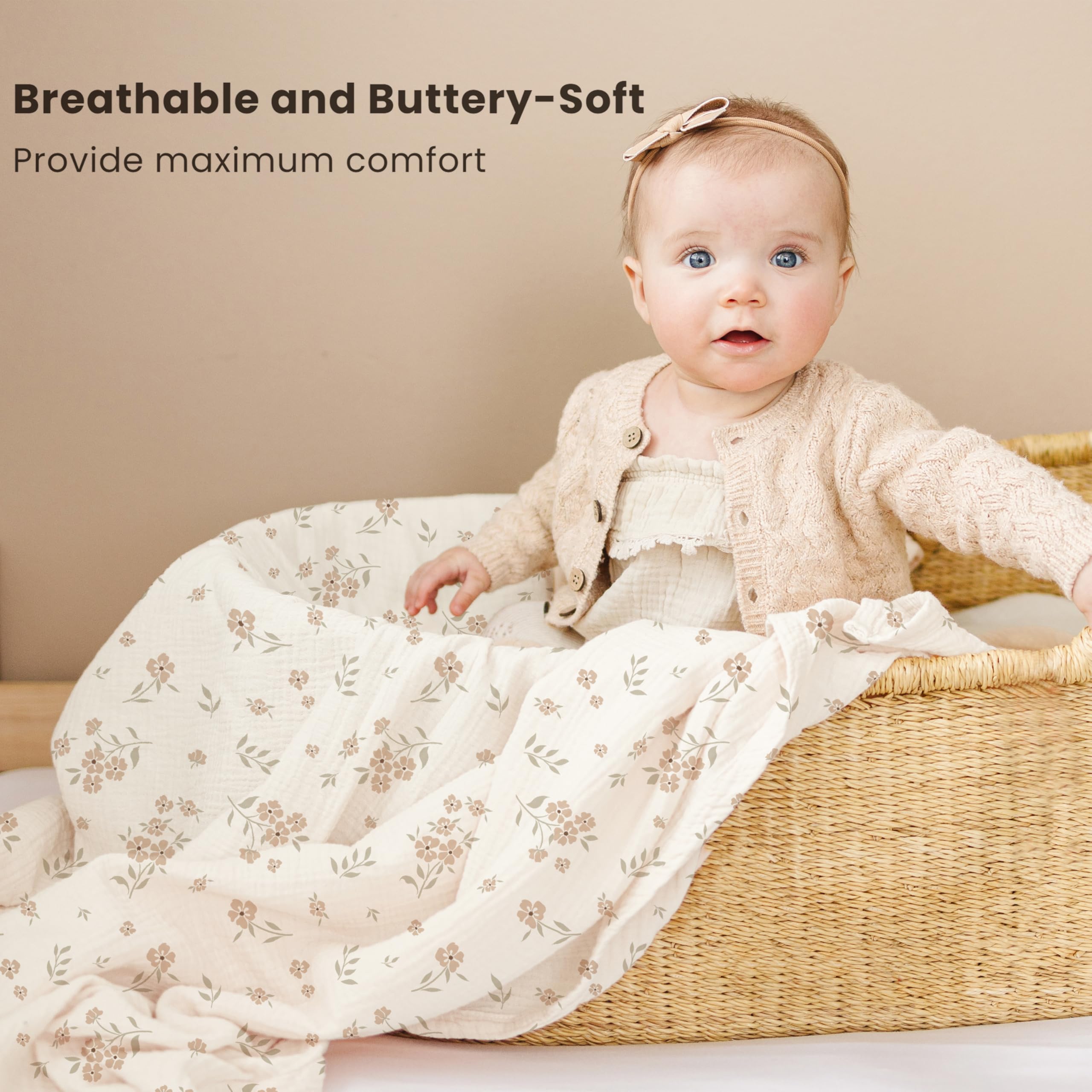 Konssy Set di 3 coperte per fasciatura in mussola morbida e traspirante per neonati e bambini, grande coperta da ricevimento, 119,4 x 119,4 cm, unisex (sole fiore di pesca)