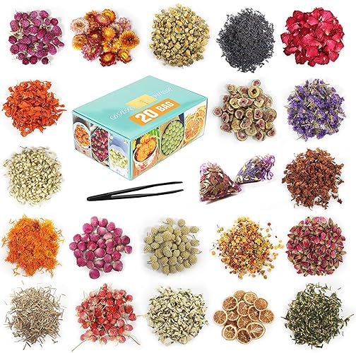 20 Bags Dried Flowers,100% Natural Dried Flowers Herbs Kit for Soap Making, DIY Candle Making,Bath - Include Rose Petals,Lavender,Don't Forget Me,Lilium,Jasmine,Rosebudsand More - 20 bags*10g