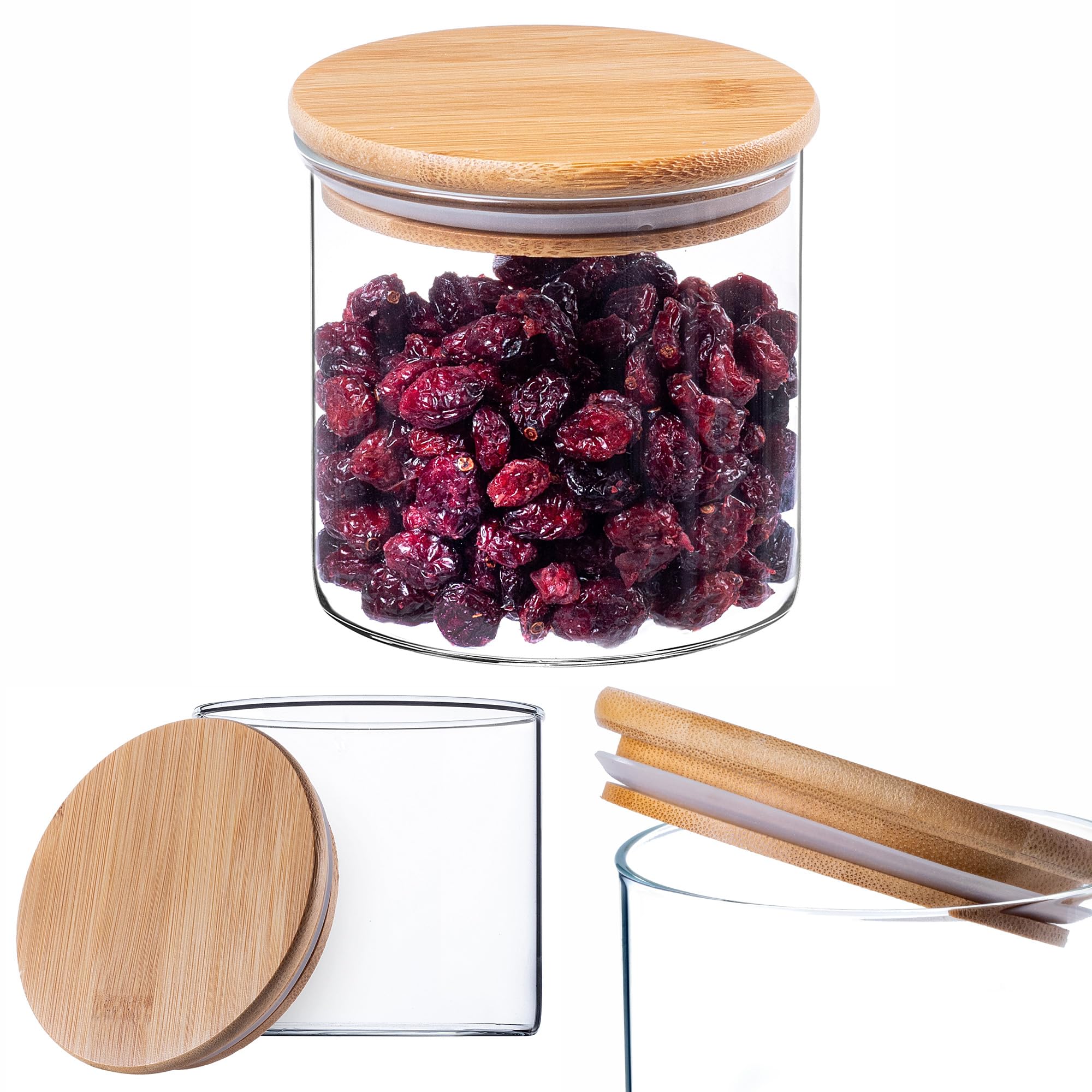 Kadax Translucent Glass Container With Bamboo Lid, Dishwasher Safe Storage Jars, Airtight Storage Jars, Storage Jar Storage Jar For Spaghetti, Flour, Cereal Or Coffee (Round 680 Ml)