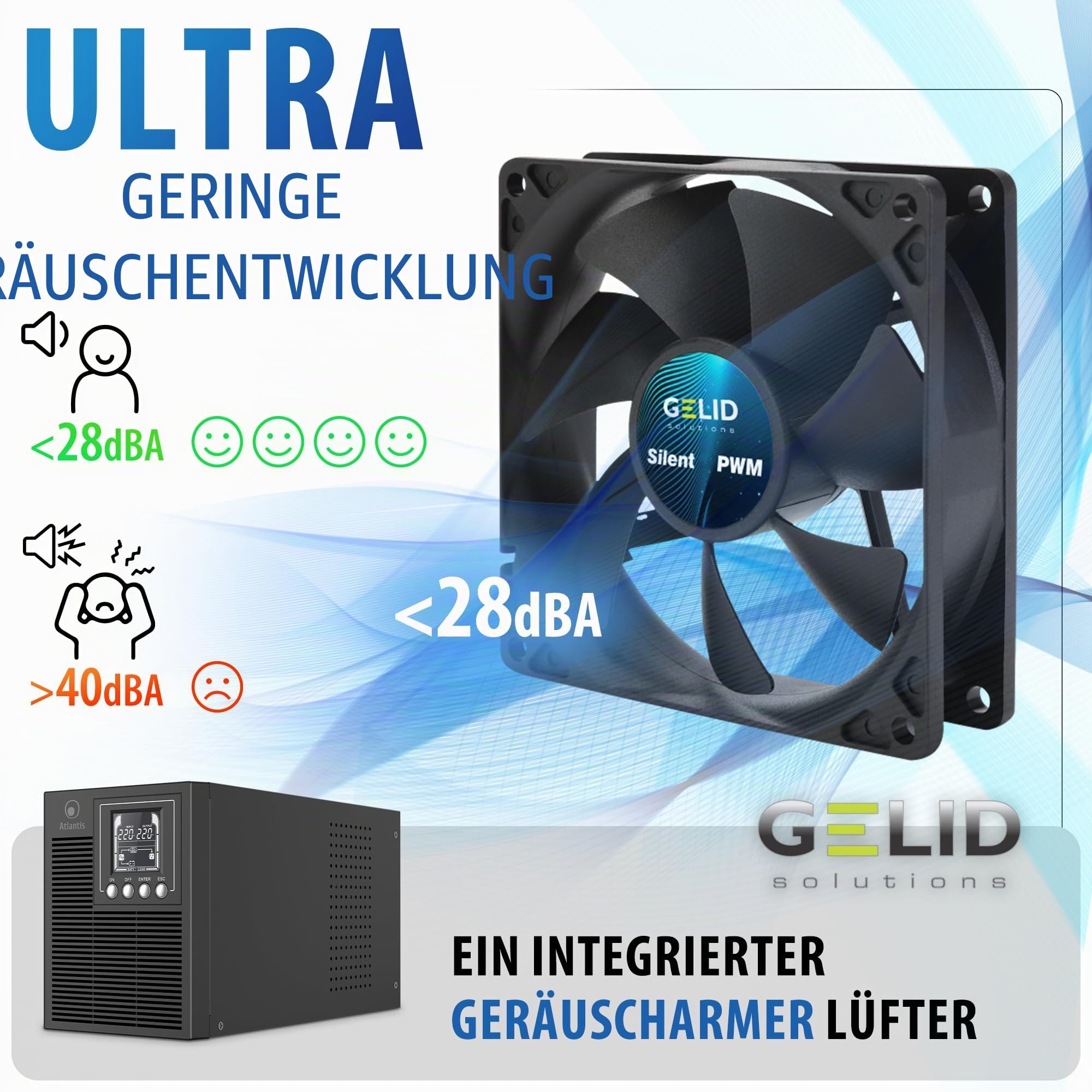 Atlantis A03-OP1002XLN UPS OnLine 88% Leiser unterbrechungsfreie Stromversorgung Server Doppelwandler Reine Sinuswelle 1000VA 700W, Lüfter Low Noise Gelid 23,6 dbA,USB,2 Schuko + 1 IEC, 2x12V-9Ah