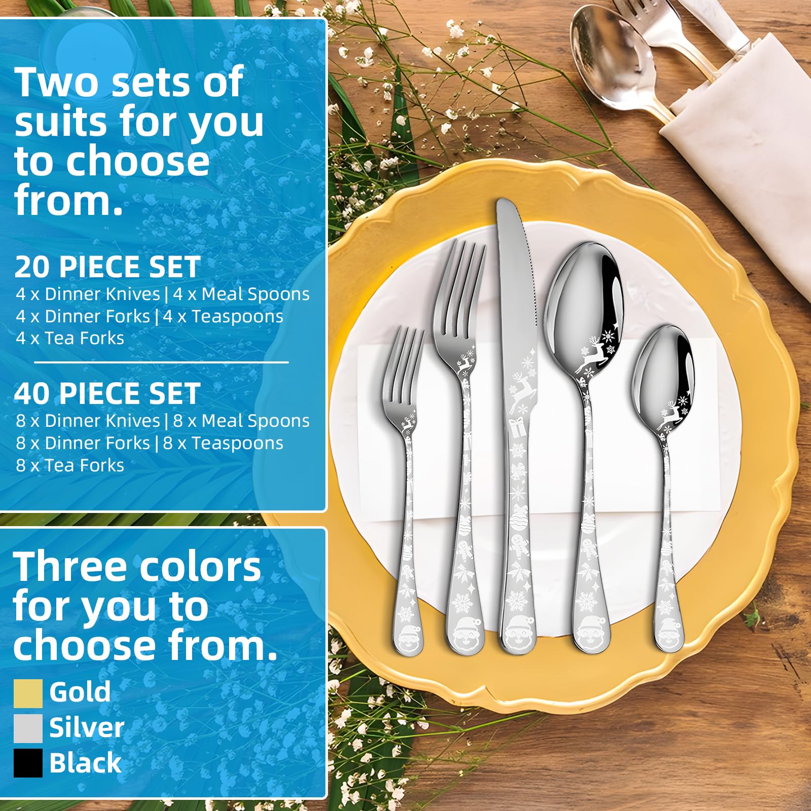 40 Piece Stainless Steel Flatware Set Round Fringe Kitchen Utensil Set for Home and Restaurant Knife Fork Spoon Set Dishwasher Safe (20pcs Set)