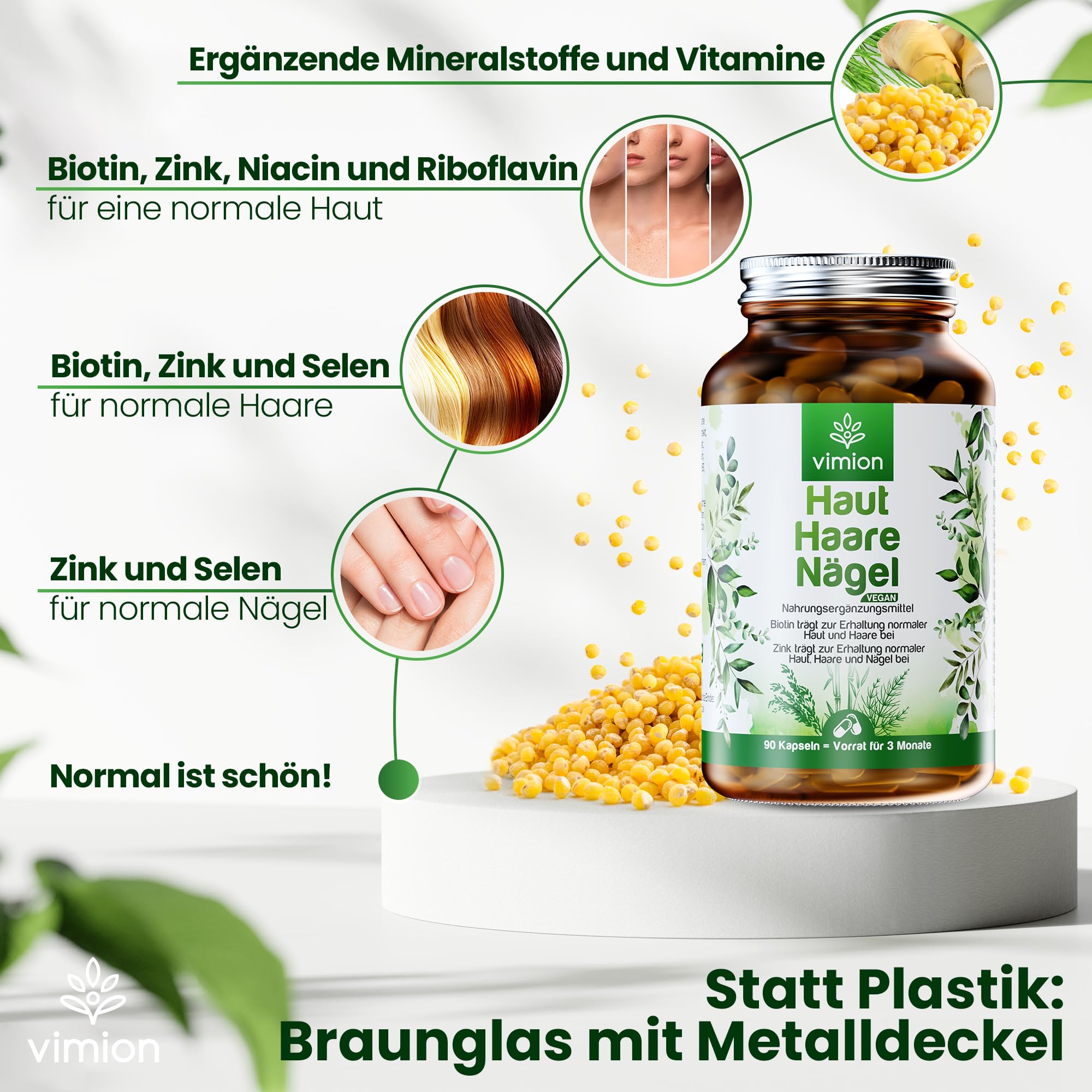 Haut-Haare-Nägel - 90 Kapseln - 100% vegan - mit Biotin, Zink, Selen, B-Vitamin-Komplex, L-Cystein sowie Silizium aus Bambus, Ackerschachtelhalm & Hirse – Vorrat für 90 Tage
