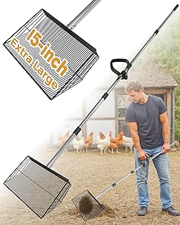 15-inch Large Chicken Poop Scooper, Heavy Duty Adjustable Chicken Coop Scoop for Sand with Ergonomic Grip,Metal Chicken Coop Scoop with 24 to 68"