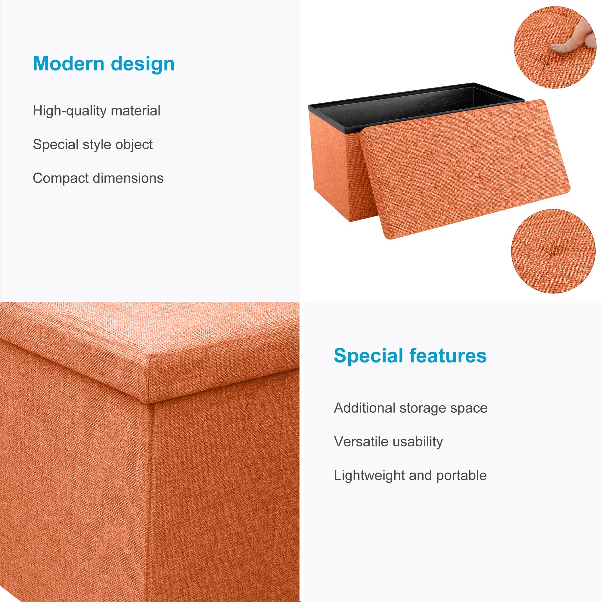 INTIRILIFE Pouf Pieghevole 78x38x38 cm in Orange MANDARINI - Cassapanca Cubo Contenitore Imbottito de Tessuto a l'Ottica Lino con Coperchio - Ottomane Poggapiedi Sgabello Panca Poltrona