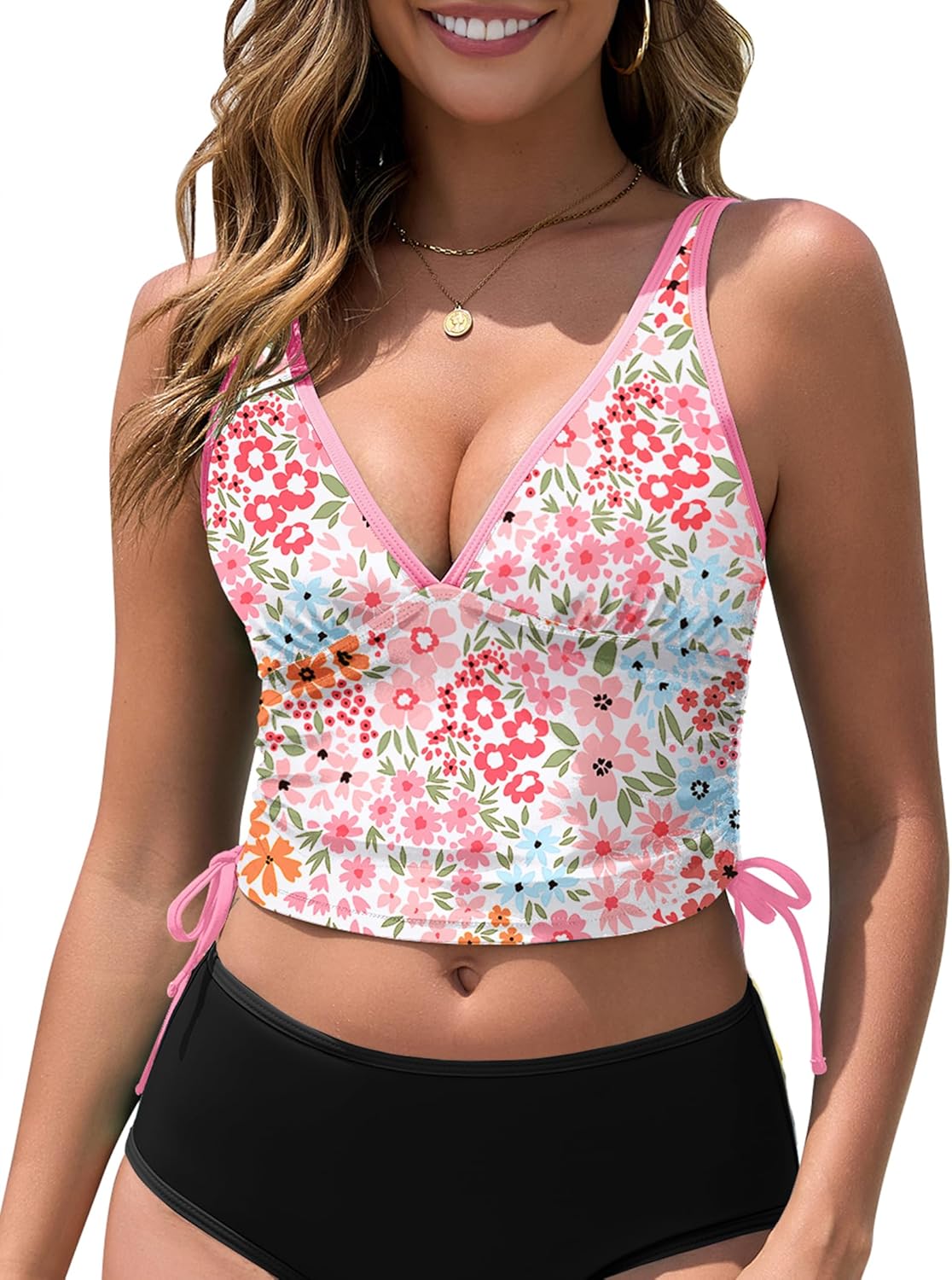 ZAFUL Tankini Tops for Women V Neck Swim Top Tummy Control Bathing Suit Top Drawstring Color Block Swimsuit Tops Only