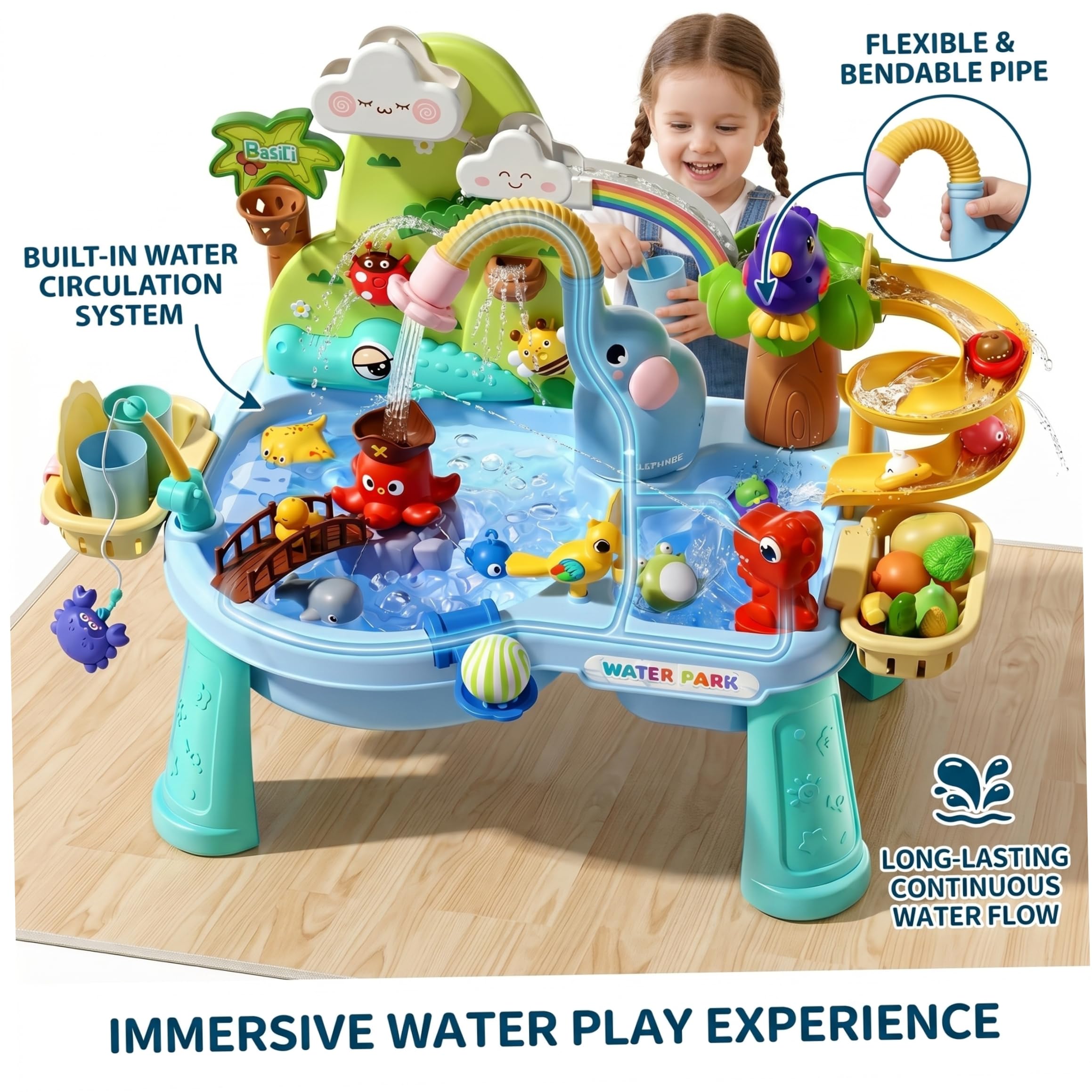 Tavoli sensoriali combinati con sabbia e acqua, Tavolo acquatico multigioco per bambini piccoli, Tavolo sensoriale a ricircolo elettrico con spruzzatore a forma di elefante, Blu, Ornaments de jardin