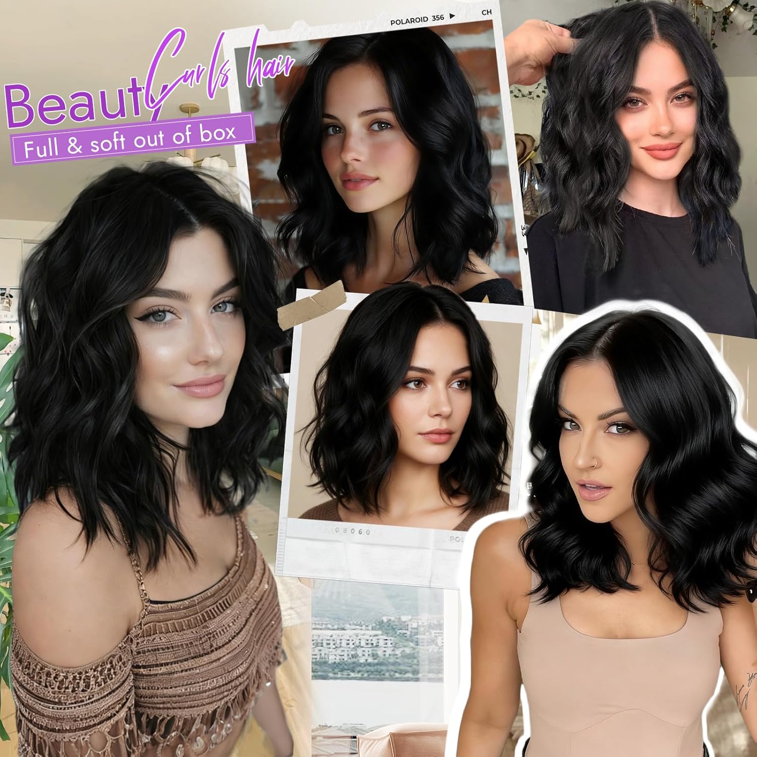 Black Short Wavy Bob Glueless Synthetic Lace Front Wig for Women Pre Cut for Beginners Natural Hairline 14 Inch