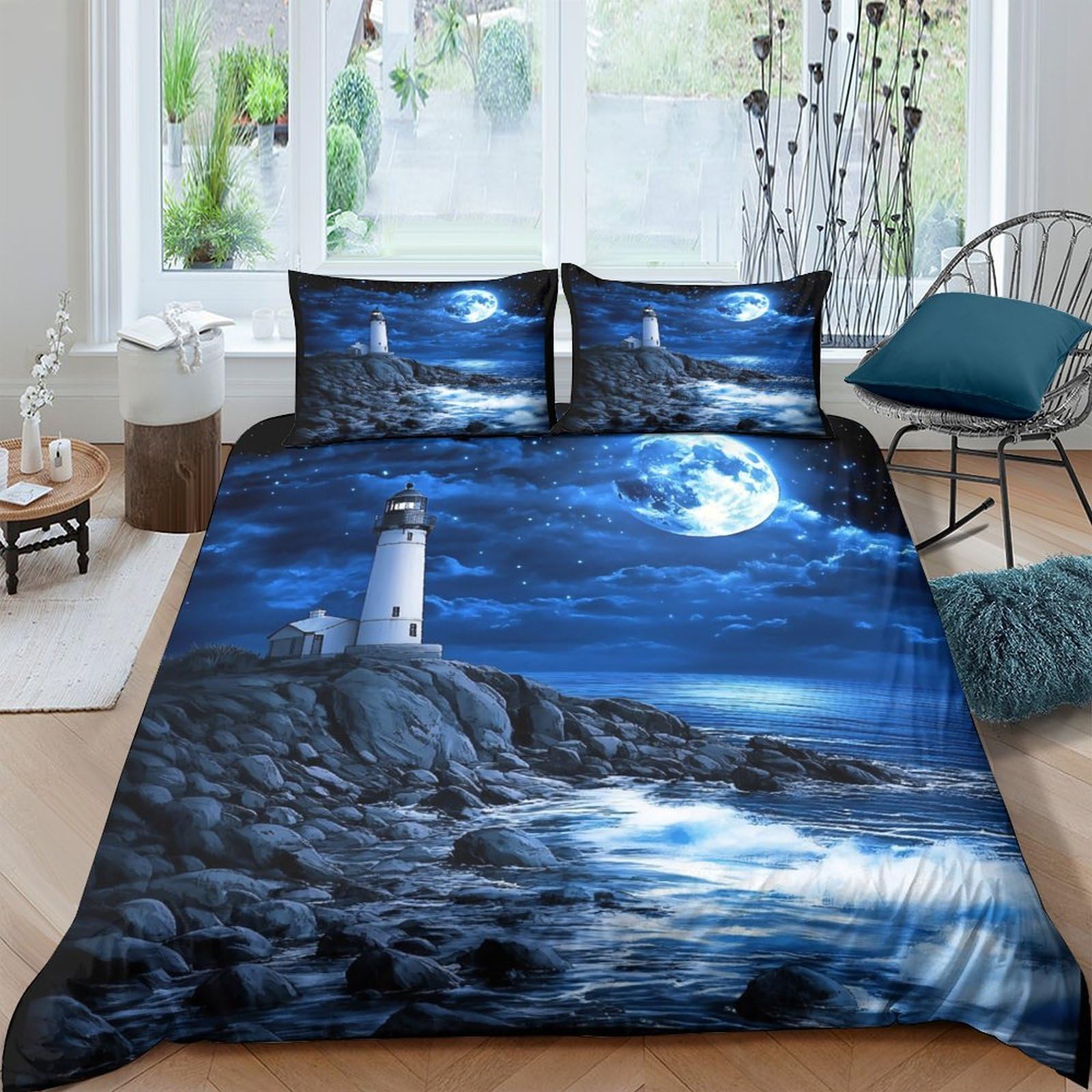 Ctjqhvkz Style-7 3D Printed Moonlit Lighthouse Fitted Sheet Microfiber Ocean Night Mattress Cover Slip-Resistant Washable Bed Décor For Bedroom Guest Room Single（135X200cm）