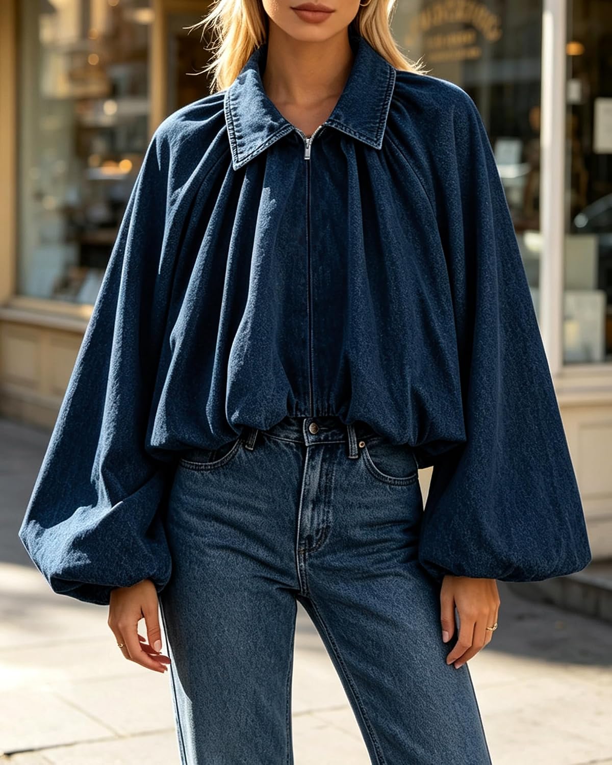 Women's Cropped Denim Jacket Puff Sleeve Zip Up Bomber Jean Jacket image 4