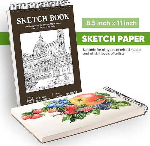 Miniatura 63 de Soucolor - Cuaderno de bocetos de 9 x 12 pulgadas, paquete de 1 de 100 hojas, encuadernado en espiral, libre de ácido (68 libras/100 g/m²), bloc