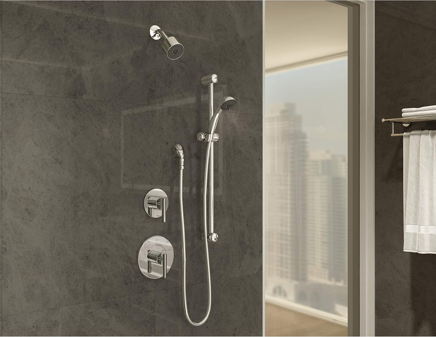 Symmons 3505-H321-V-CYL-B-1.5-TRM Dia 2-Handle 1-Spray Shower Trim with 1-Spray Hand Shower in Polished Chrome (Valves Not Included)