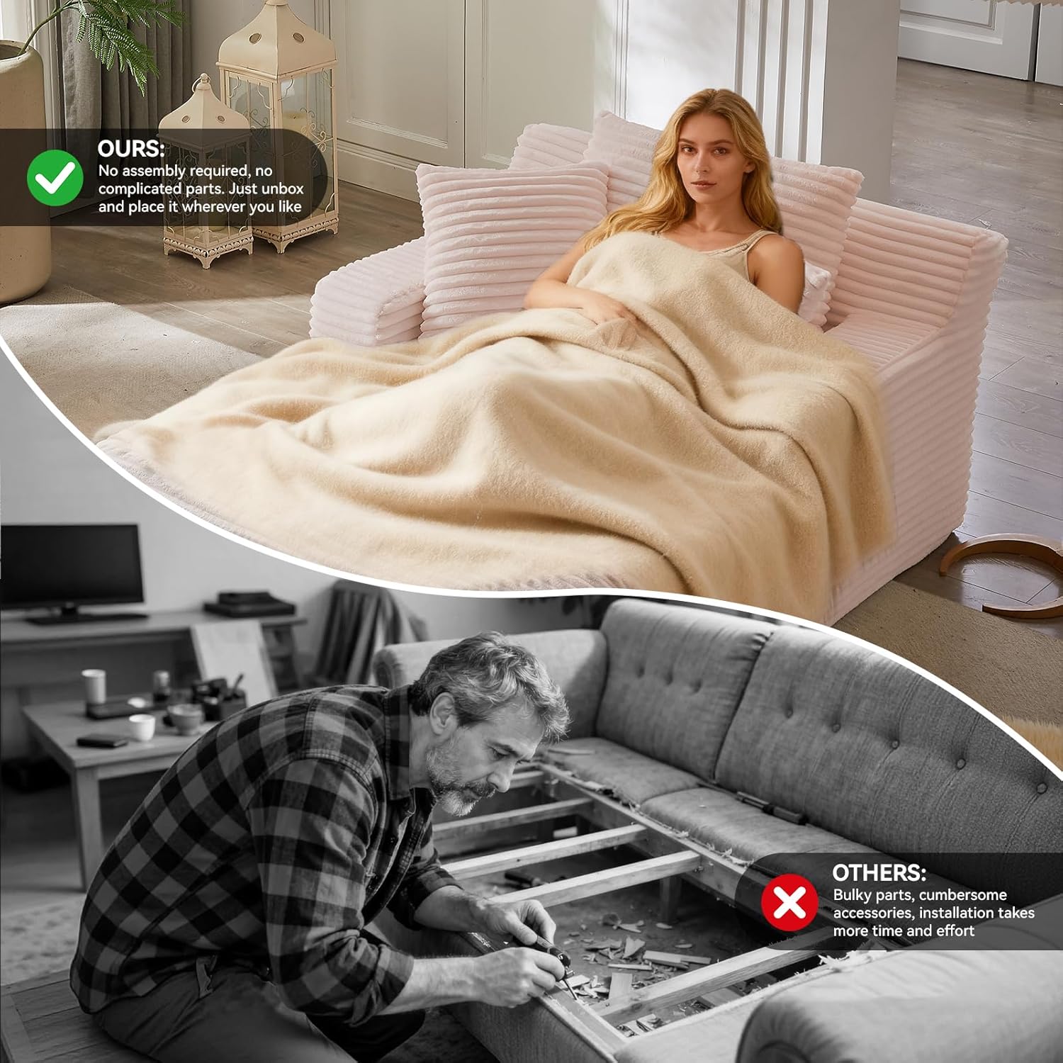 66" Oversized Lounge Chair Indoor, Corduroy Boneless Sofa Bed, Deep Seat Sleeper Couch for Living Room & Bedroom, Fluffy Cloud Loveseat, Reading & Relaxing Chair, No Assembly (Pink)