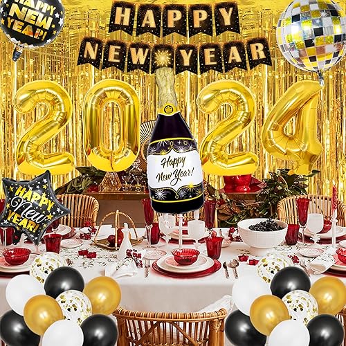 Miniatura 5 de Enormes suministros de fiesta de Año Nuevo 2024, paquete de 74, globos de bola de discoteca 4D, pancarta de feliz año nuevo para decoraciones de Año