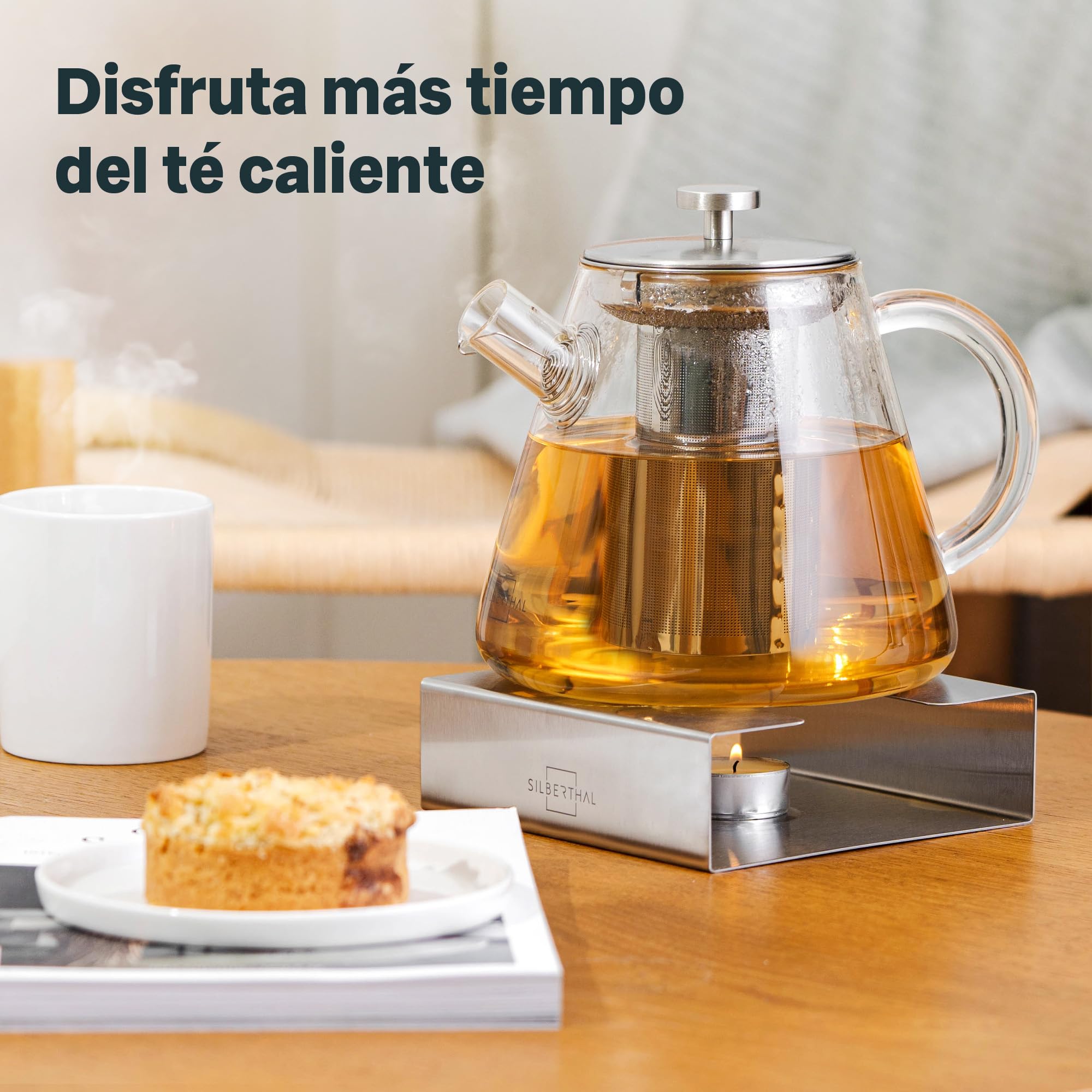 SILBERTHAL Tetera de cristal con infusor - Calentador de vela de acero inoxidable – 1,5 litros – Mantén caliente el té con la vela